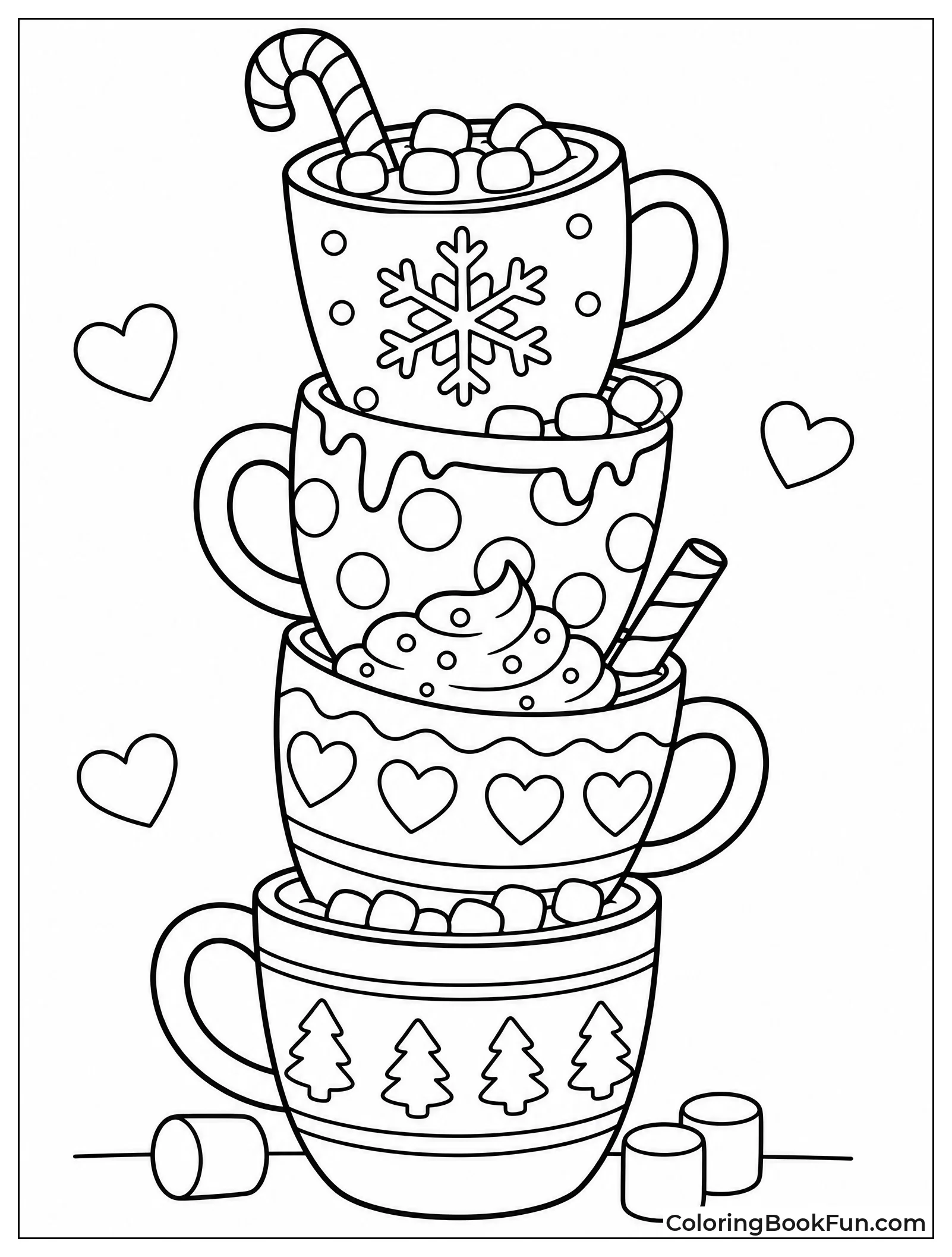 Stack of Patterned Mugs with Cocoa