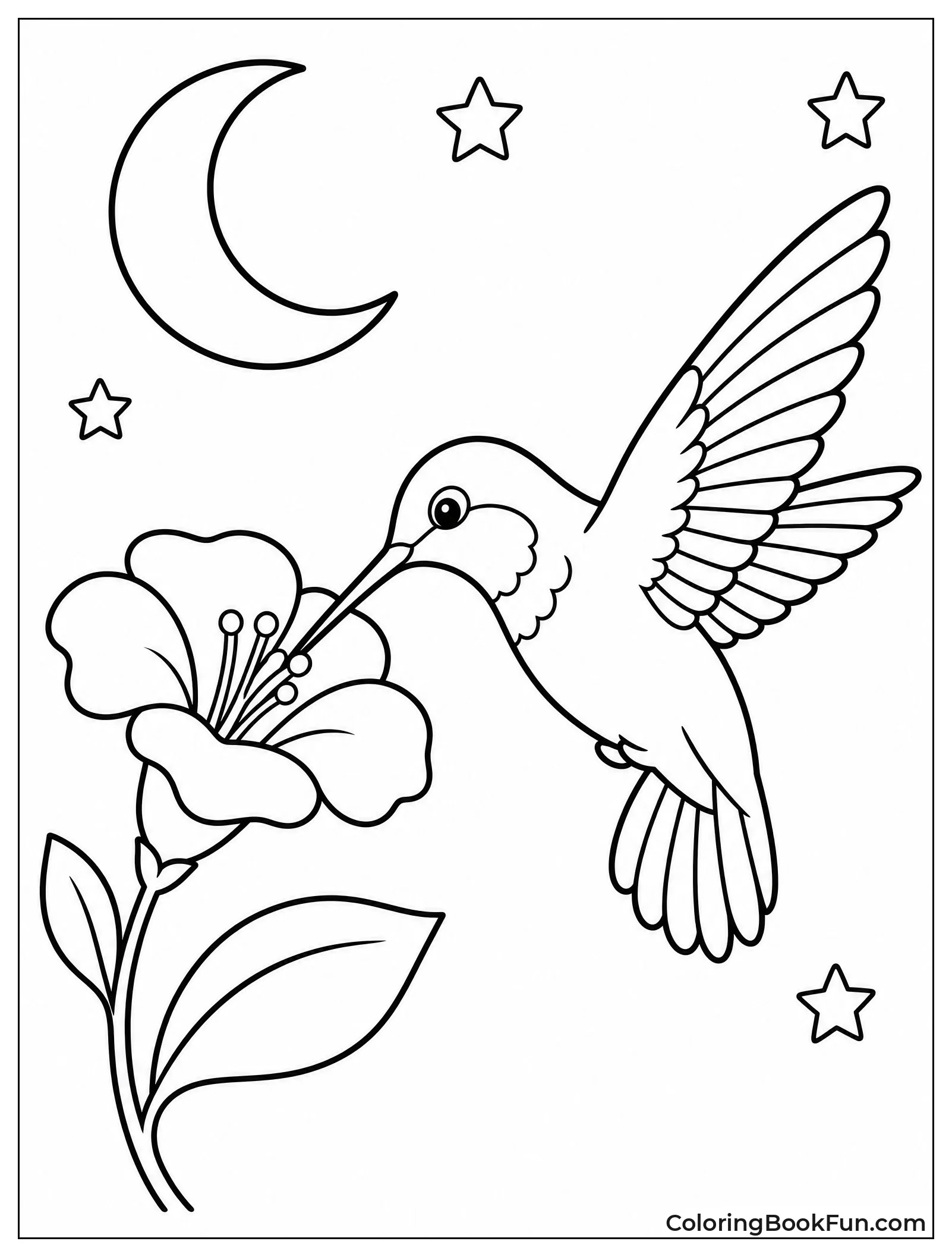 Hummingbird Flying Under Crescent Moon