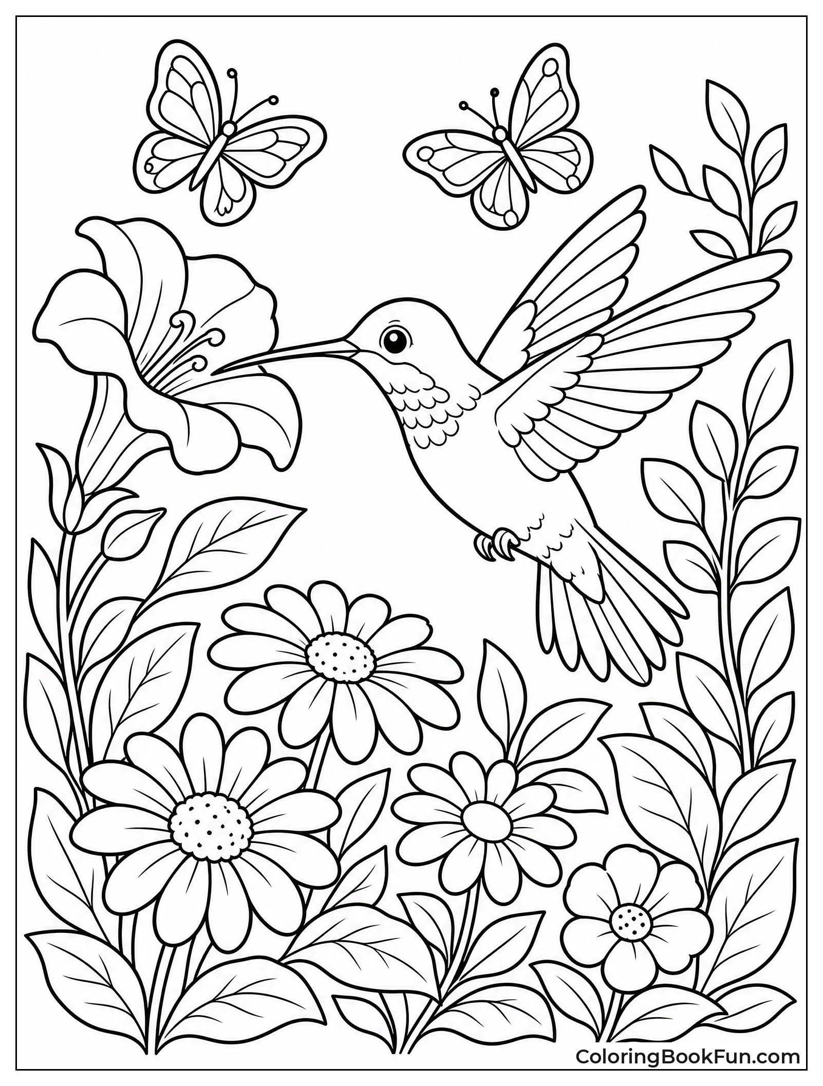 Hummingbird Among Garden Flowers