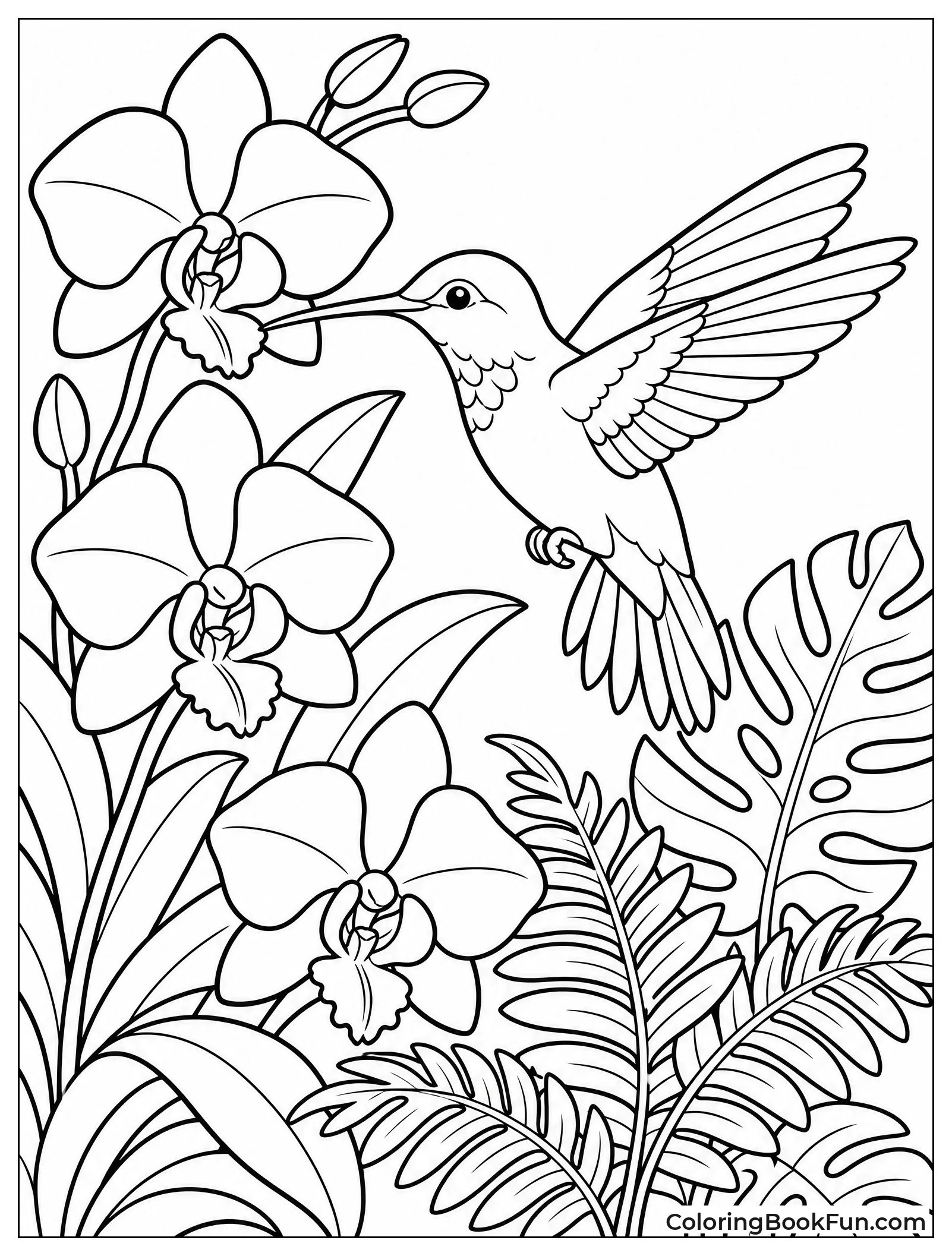 Hummingbird Surrounded by Jungle Orchids