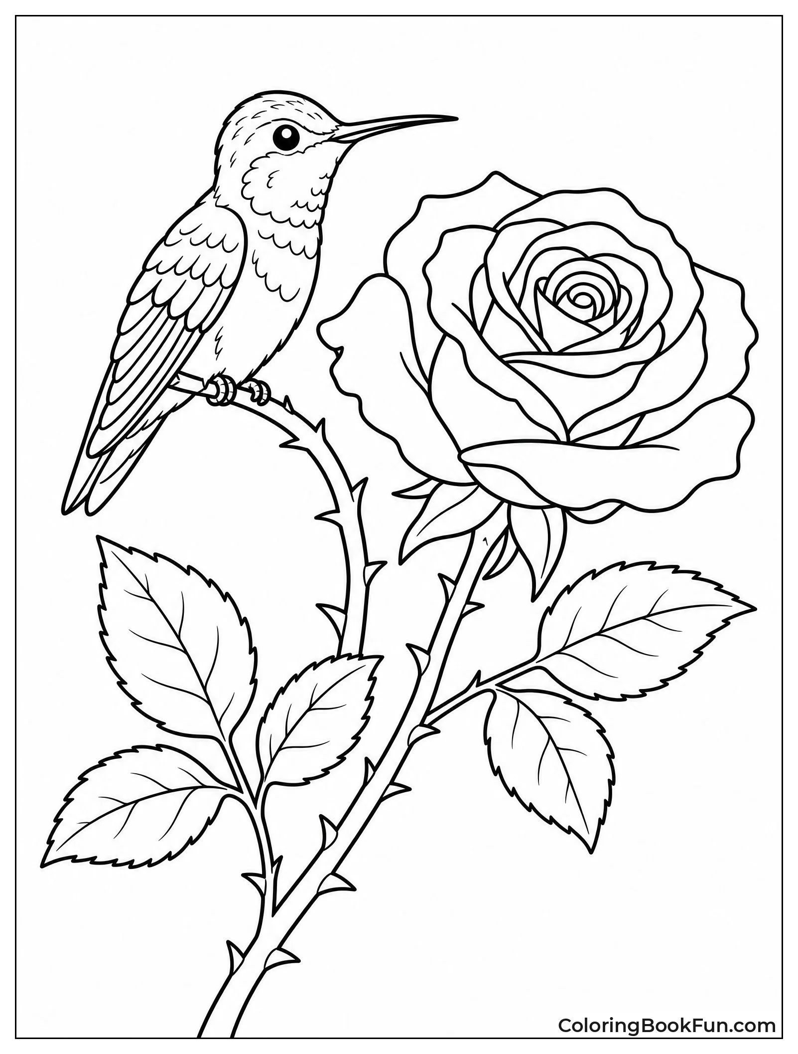 Hummingbird Perched on Rose Stem