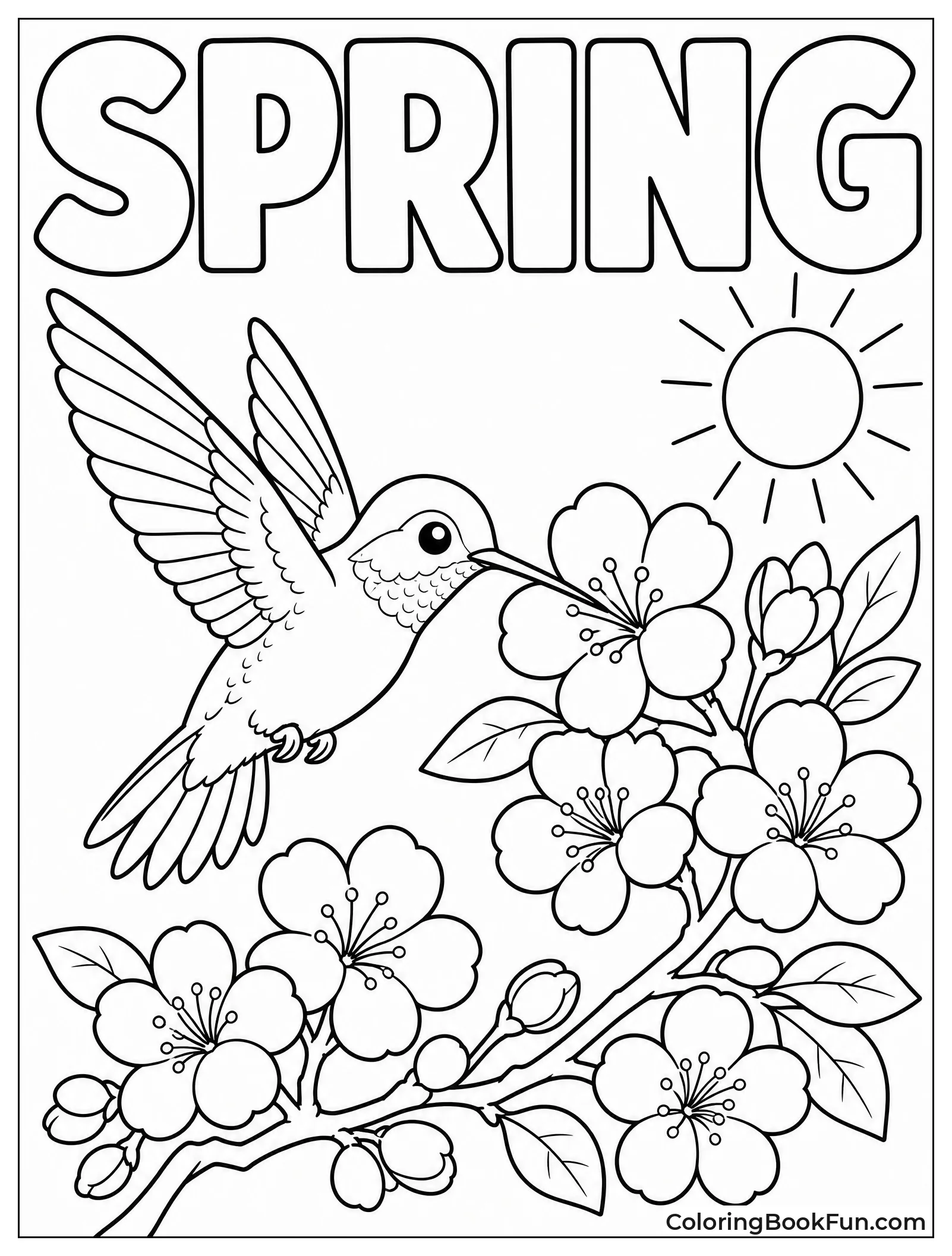 Hummingbird Flying by Cherry Blossoms