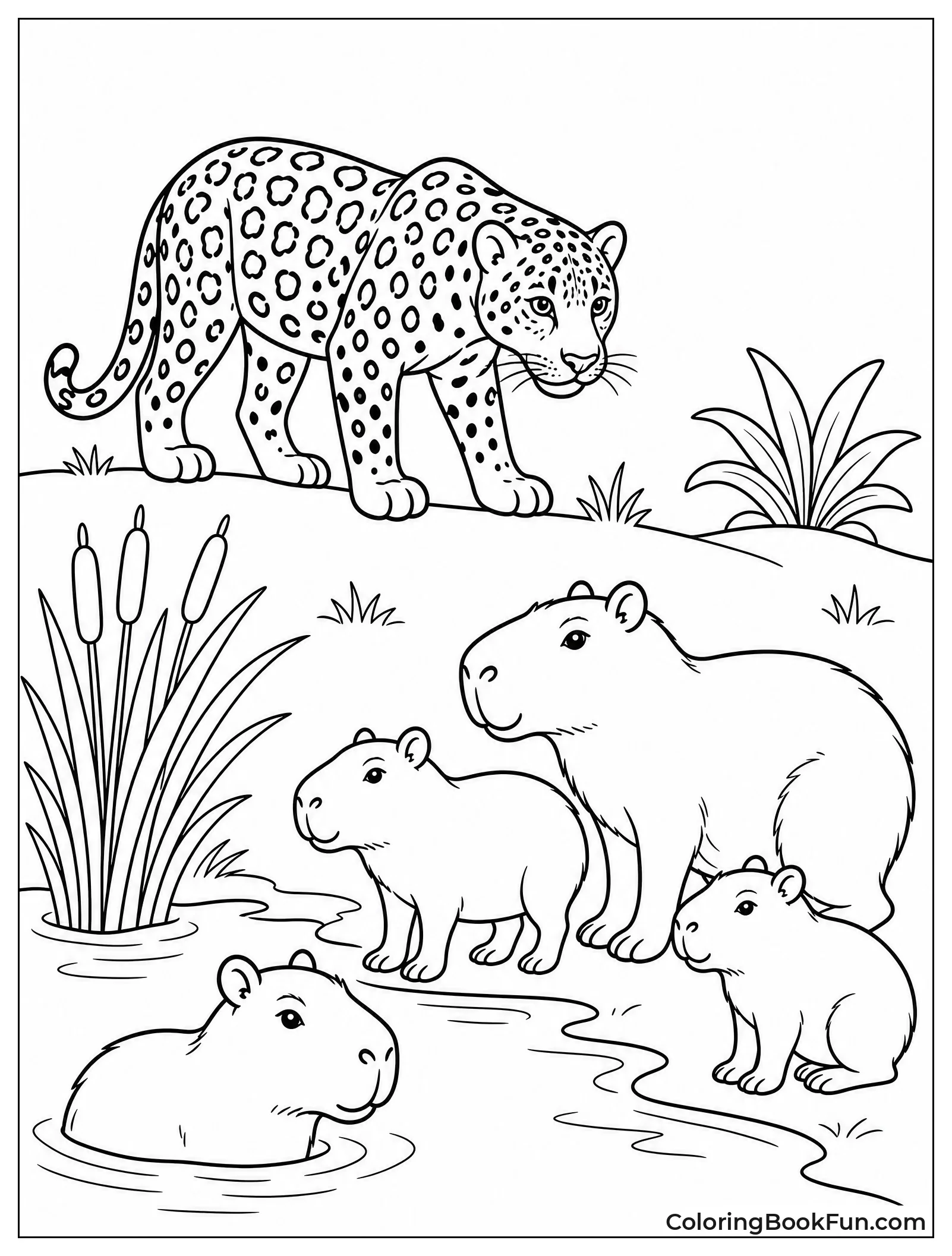 Jaguar Watching Capybaras by Pond