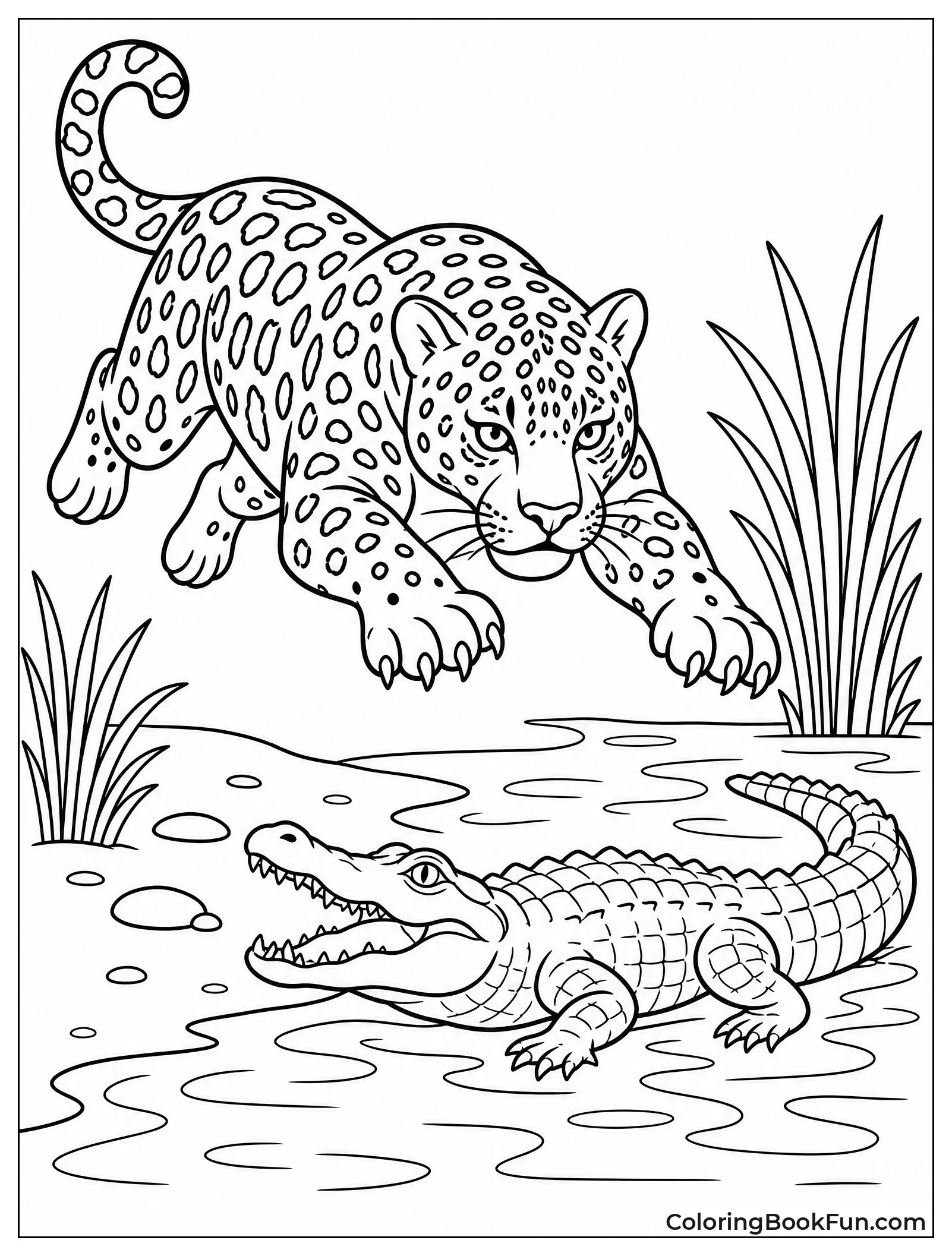 Jaguar Leaping at a Caiman