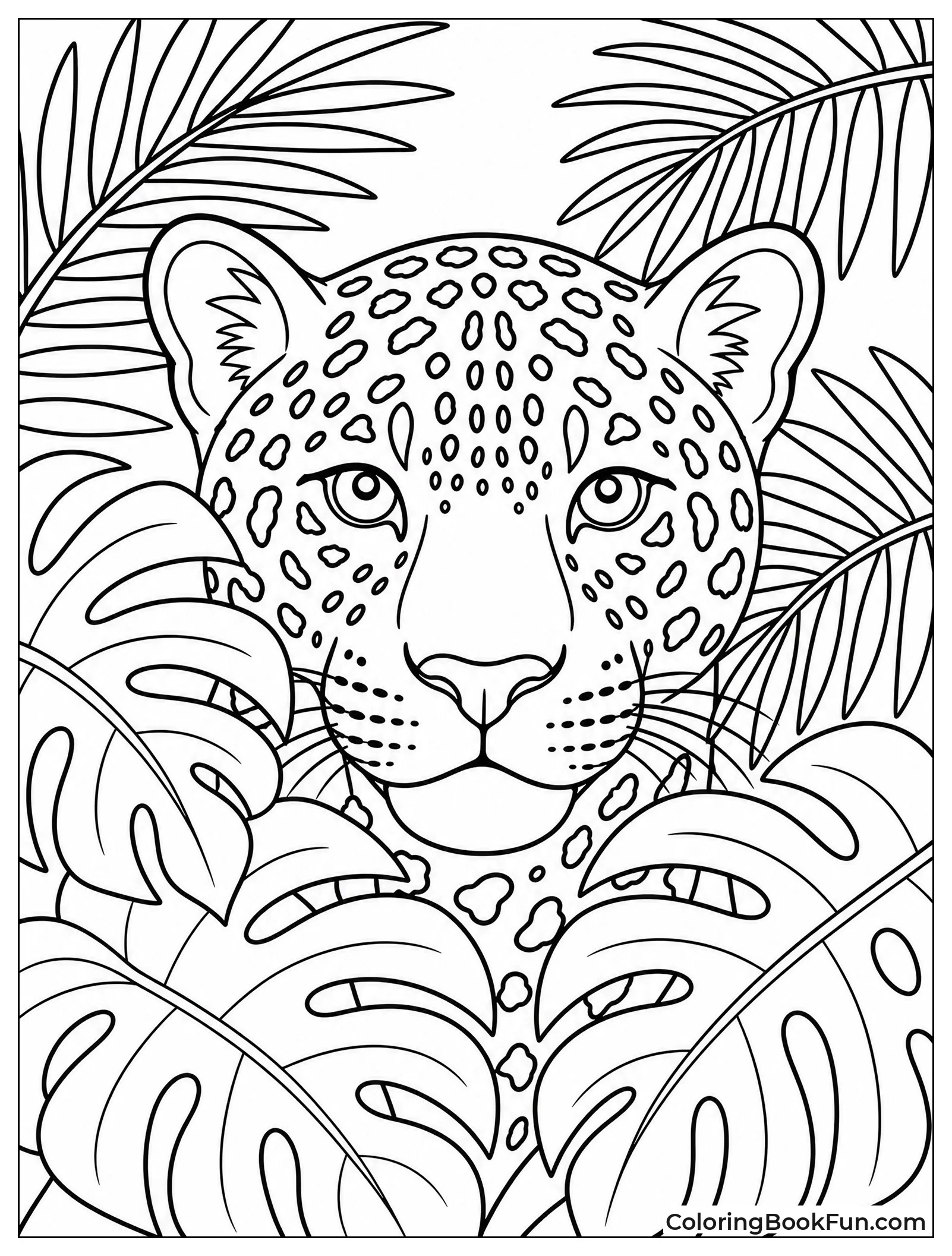 Jaguar Peeking Through Big Leaves