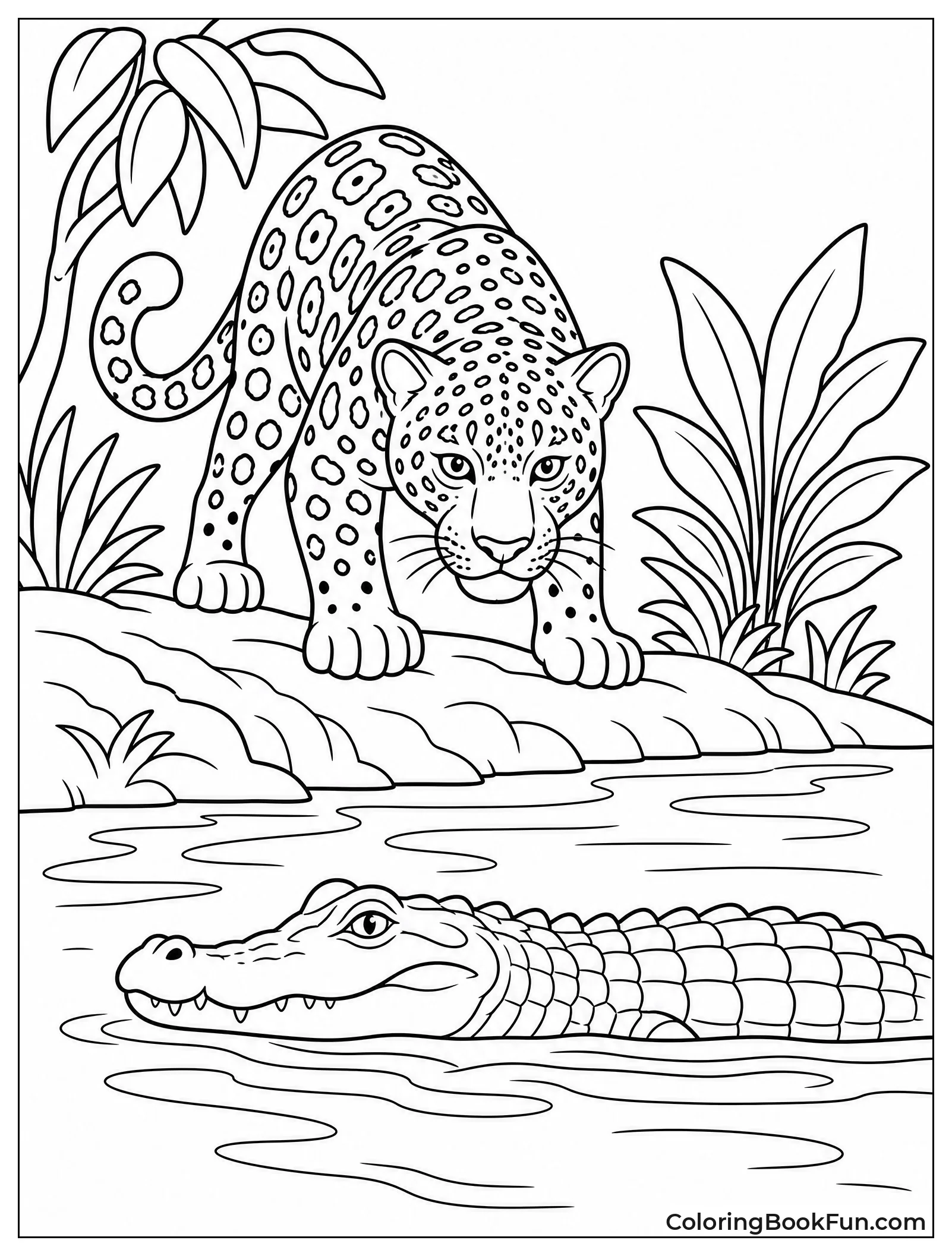 Jaguar Watching a Caiman Closely