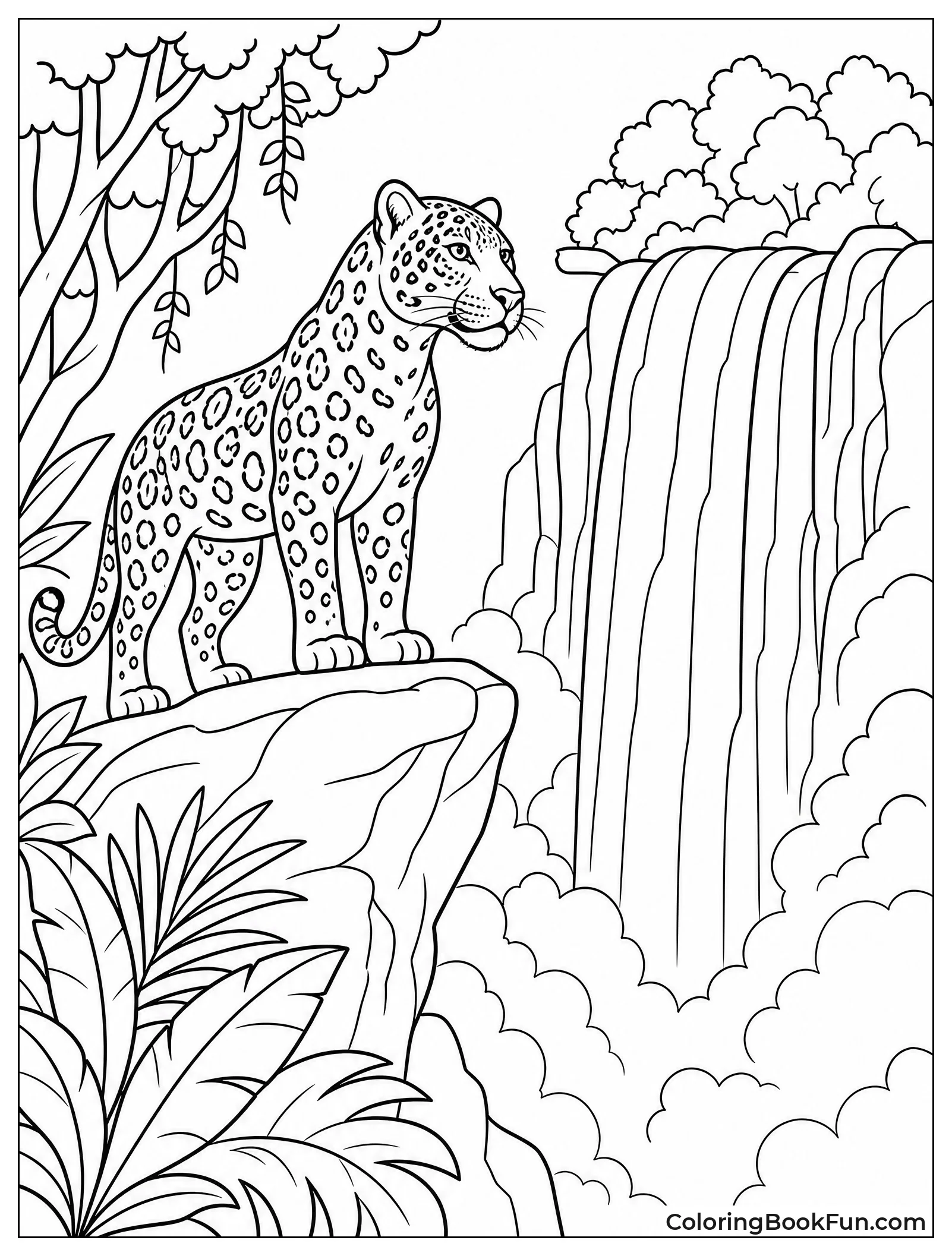 Jaguar Standing Near Misty Waterfall