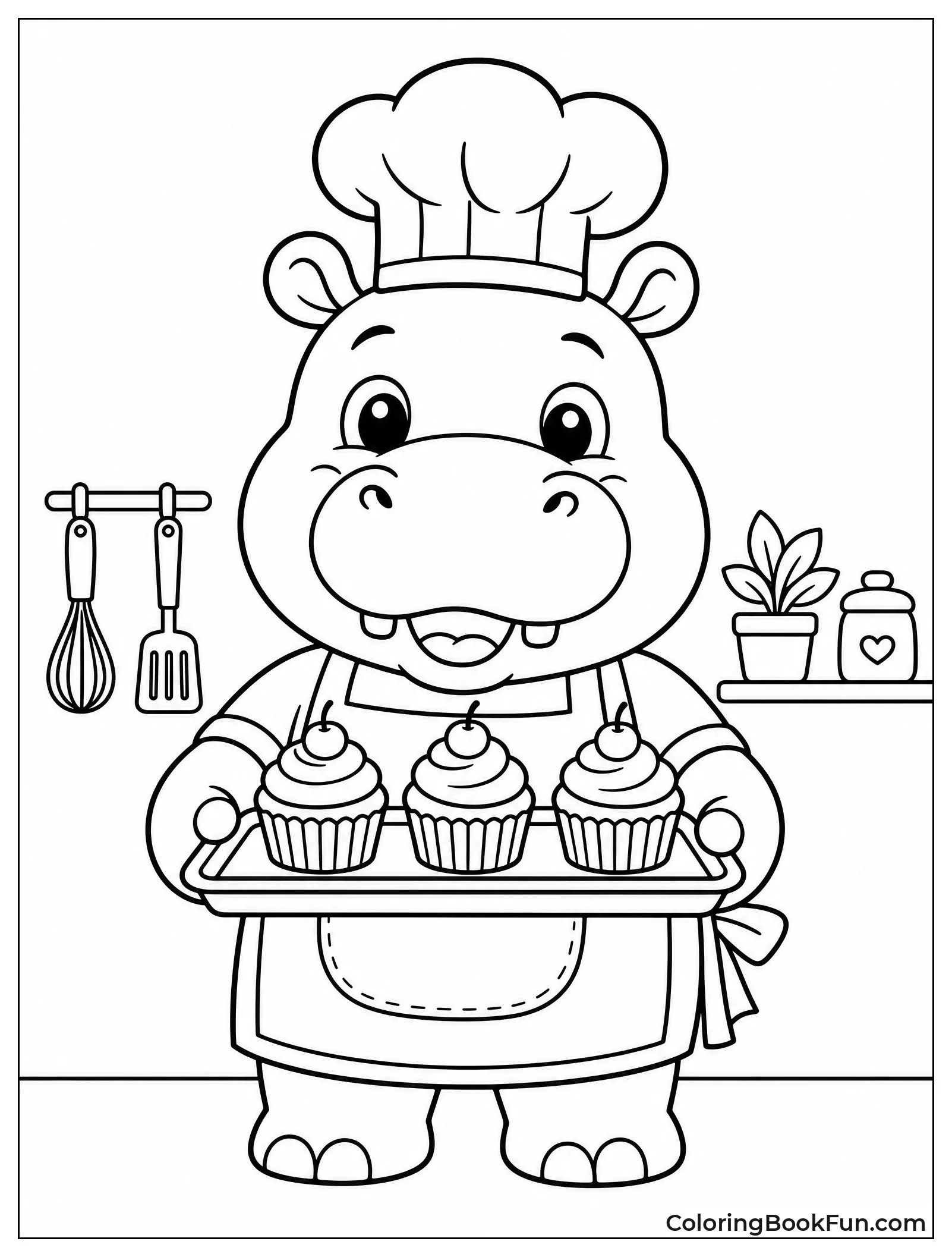 Kawaii Hippo Holding Cupcakes