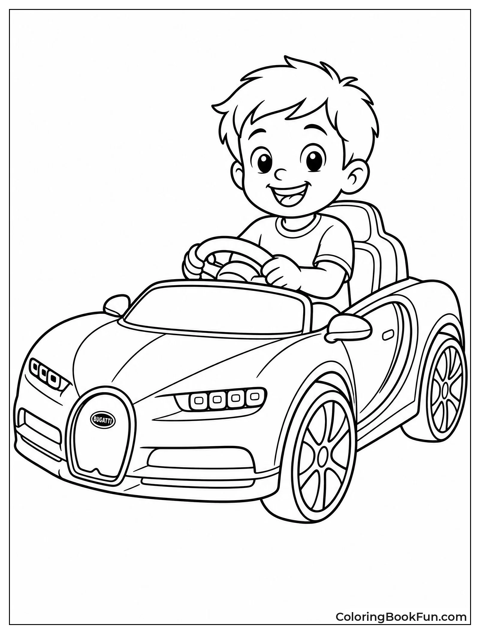 Kid Driving a Small Toy Bugatti Outside
