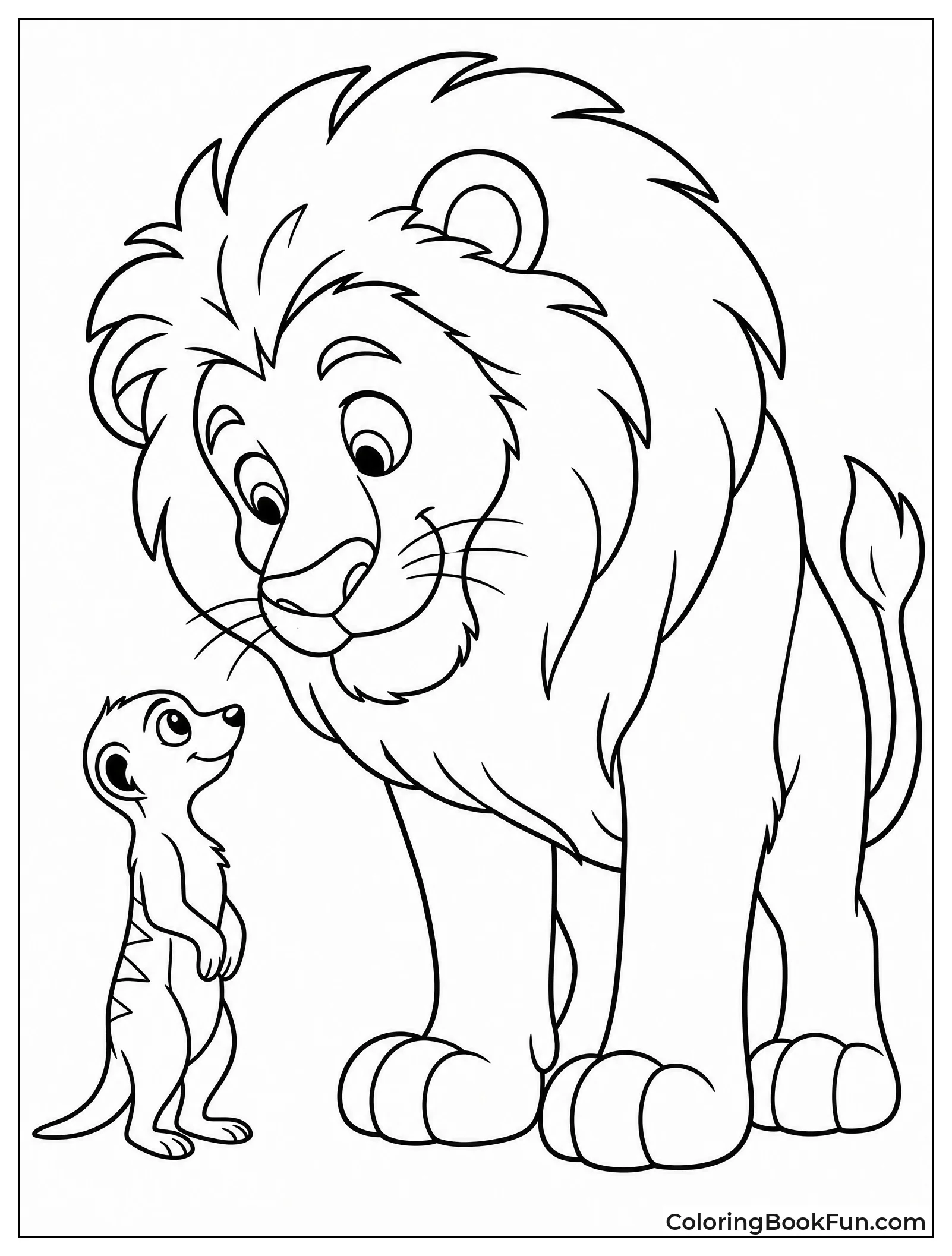 Lion Looking at Tiny Meerkat