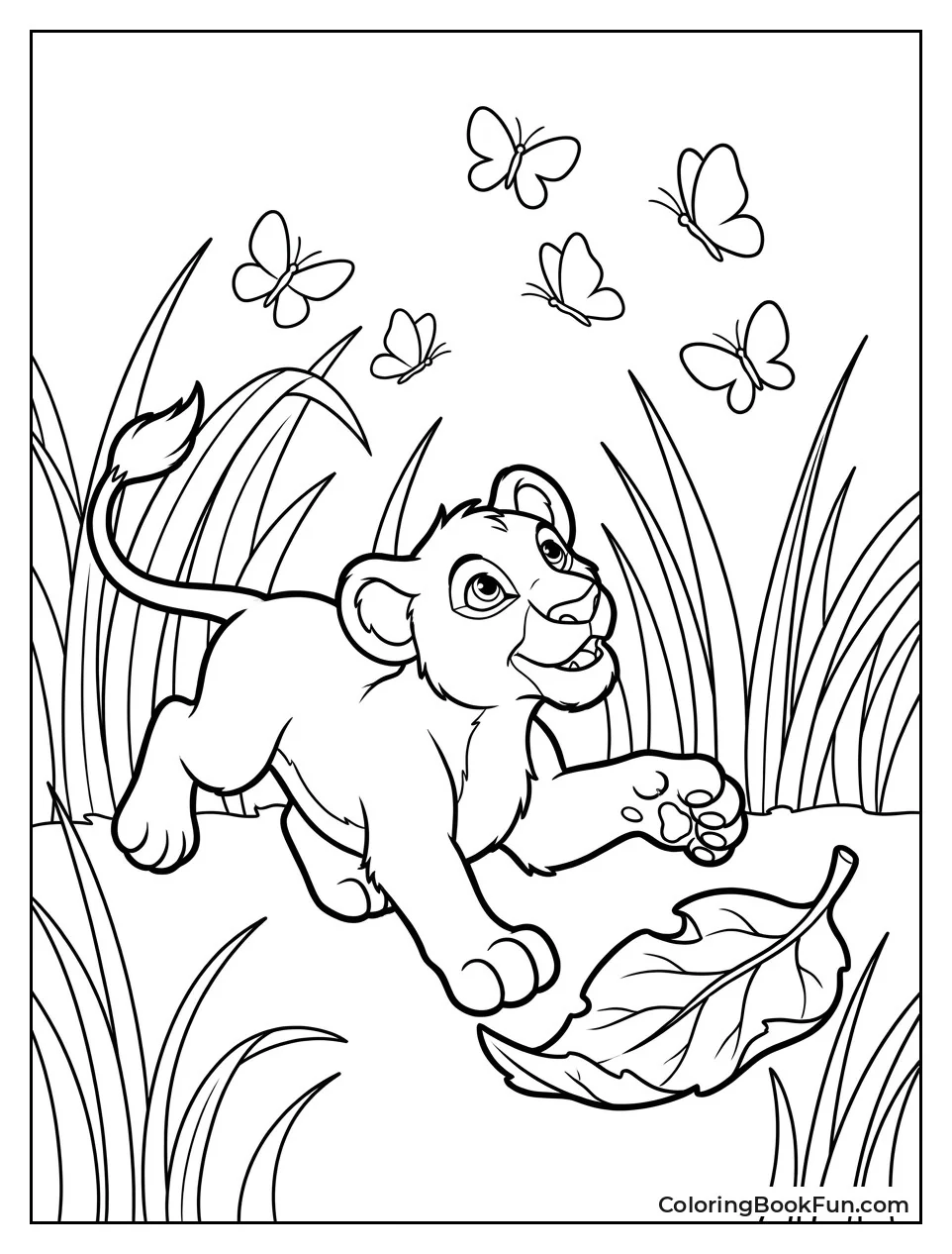 Lion Cub Pouncing on Leaf