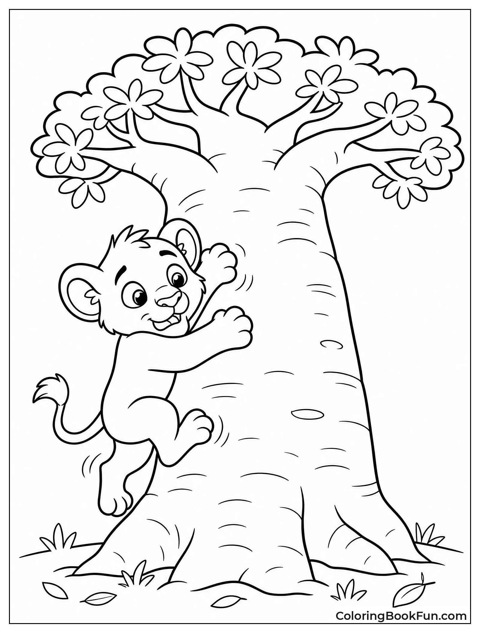 Lion Cub Climbing Baobab Tree