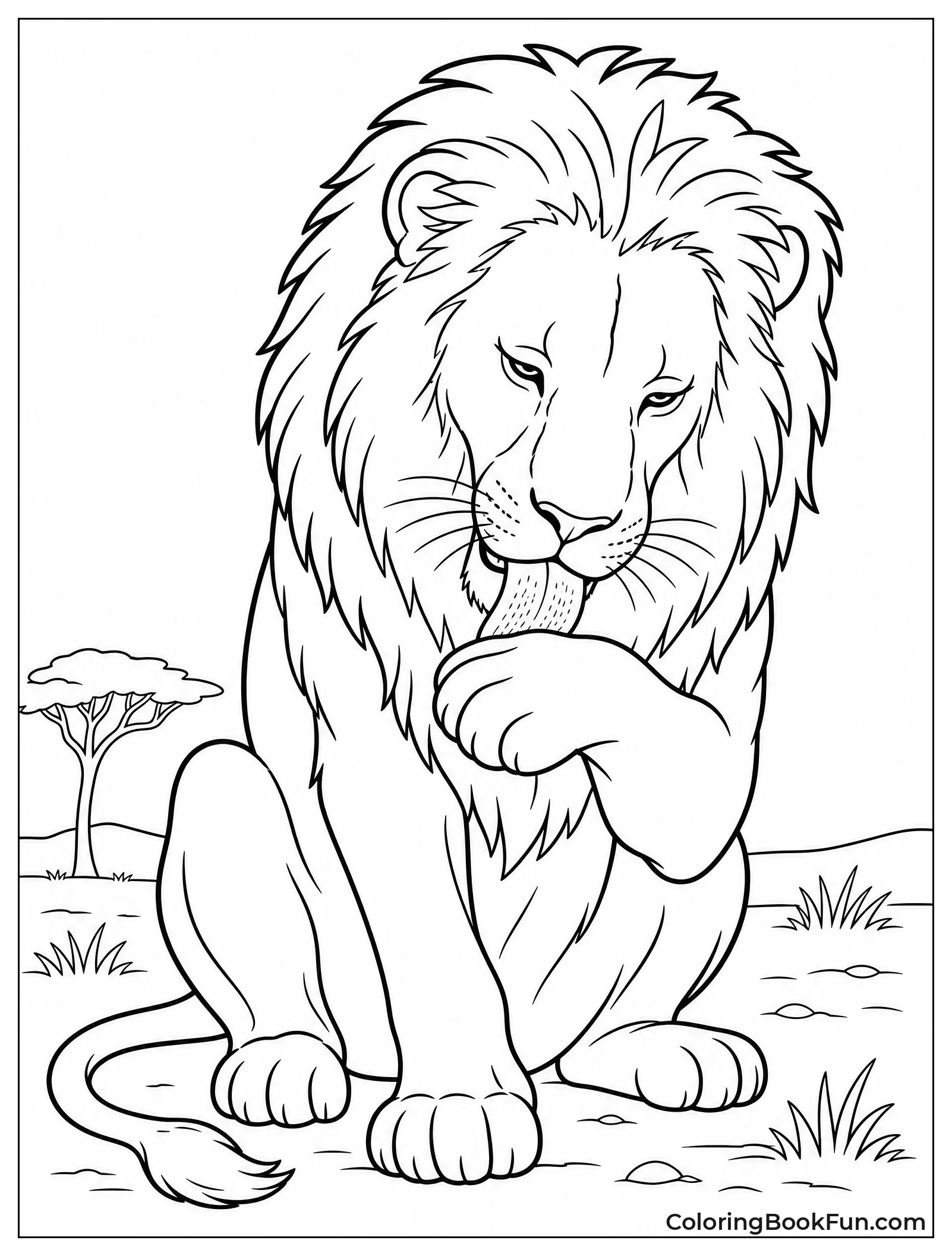 Lion Licking Its Front Paw