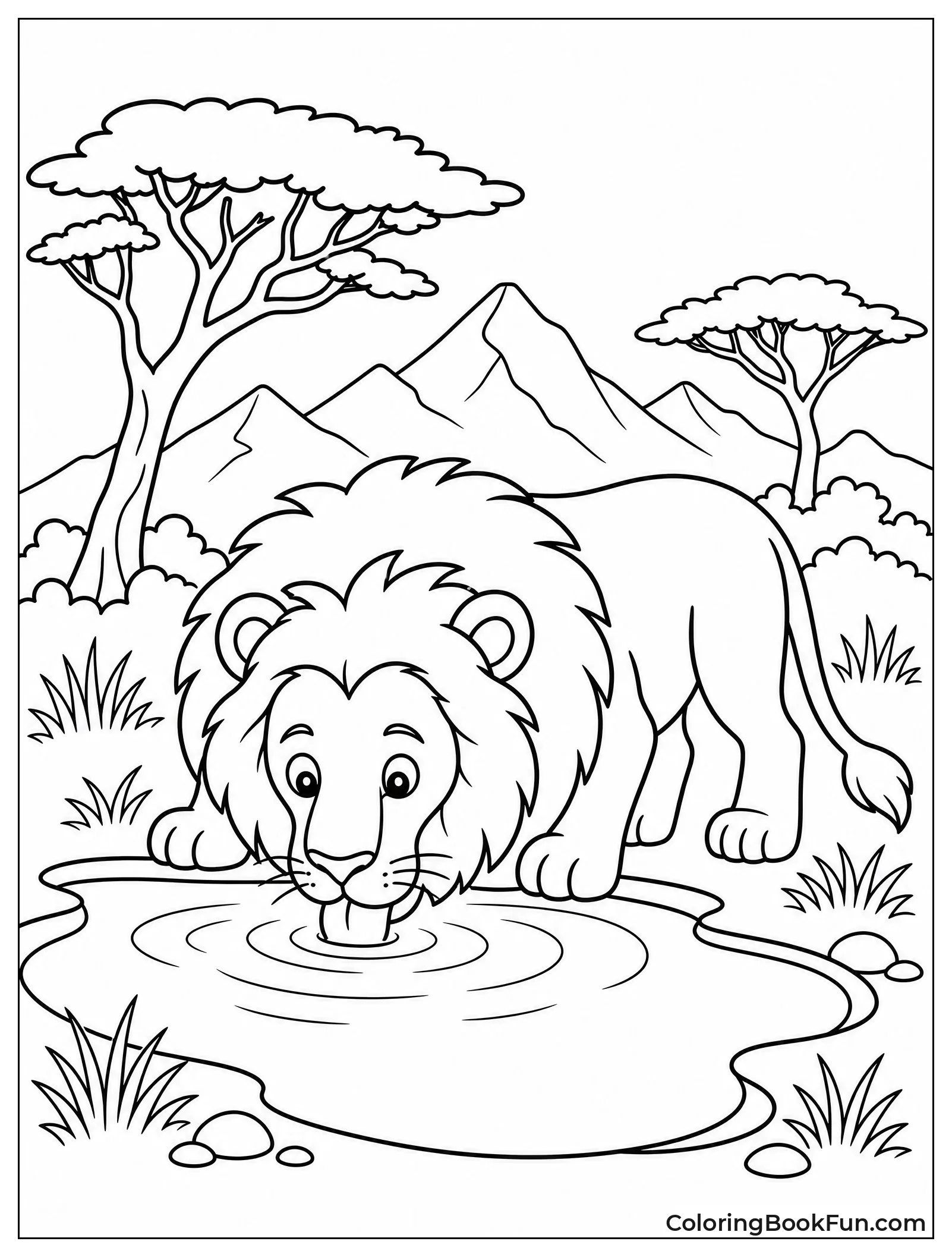Lion Drinking at Watering Hole