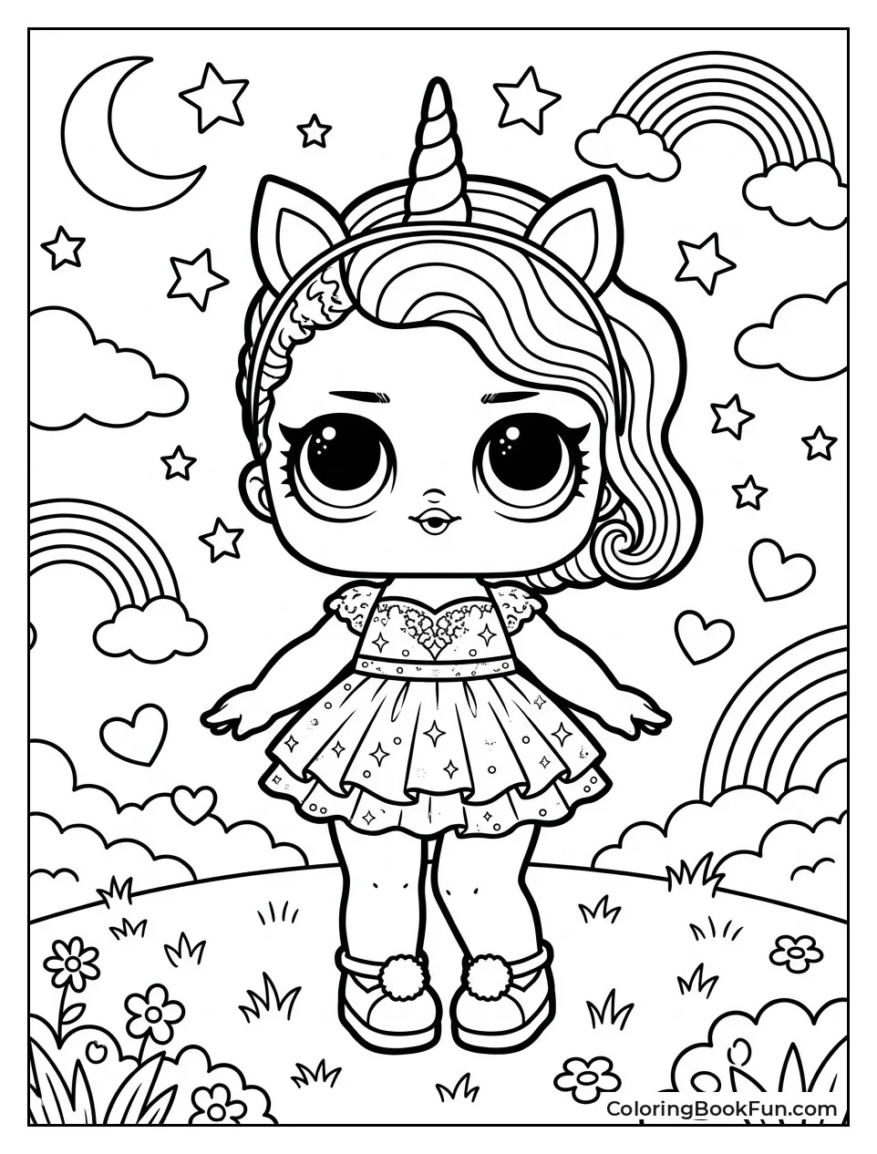 Unicorn Doll Stands in Starry Meadow