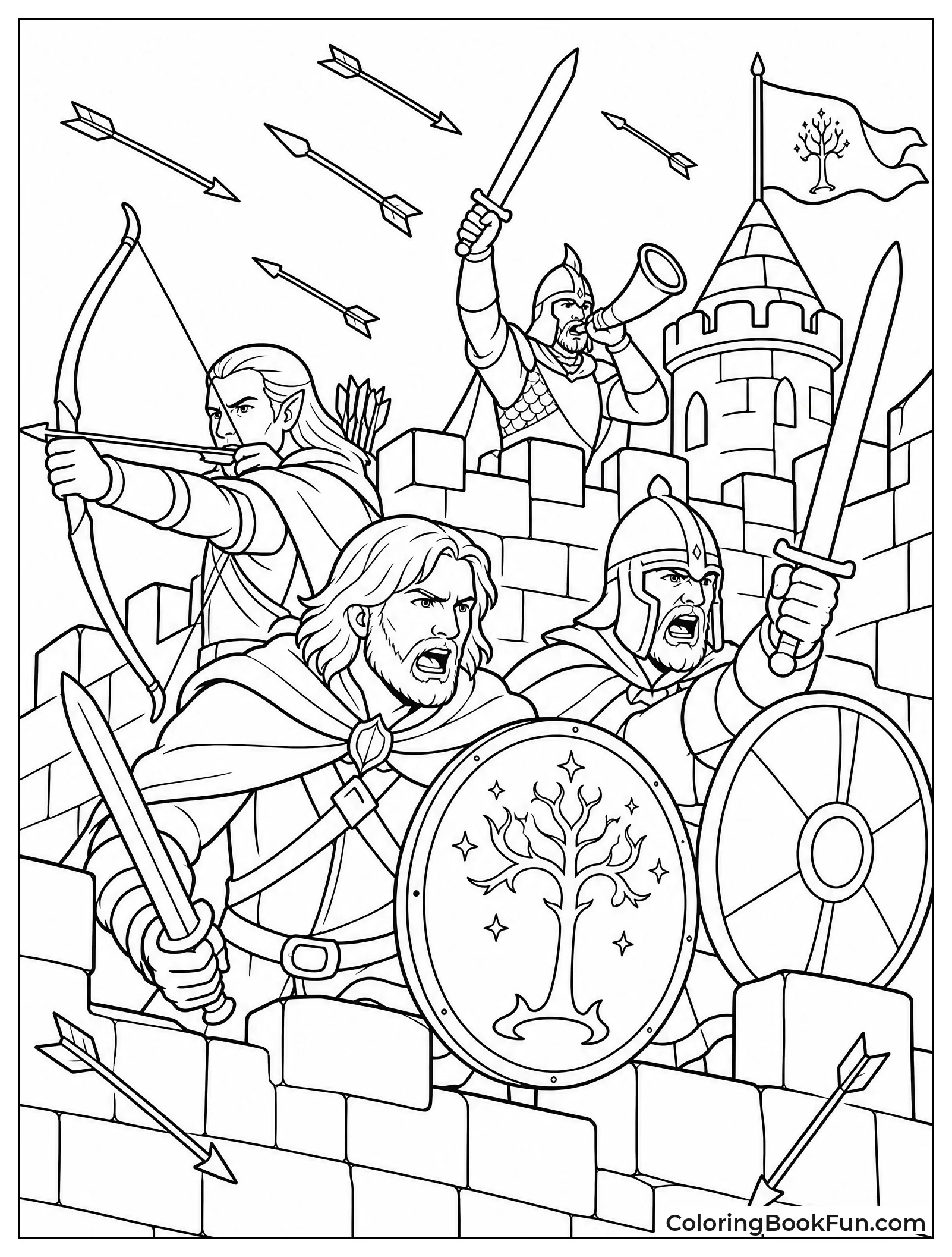 Warriors Defending Fortress Walls with Arrows