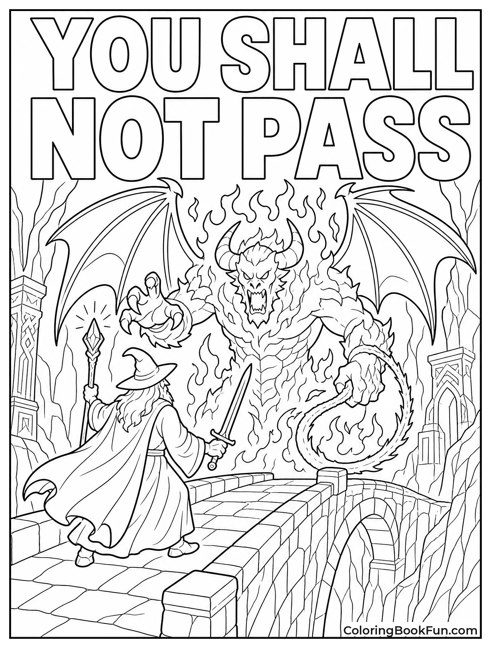 Wizard Facing Fiery Demon on Bridge