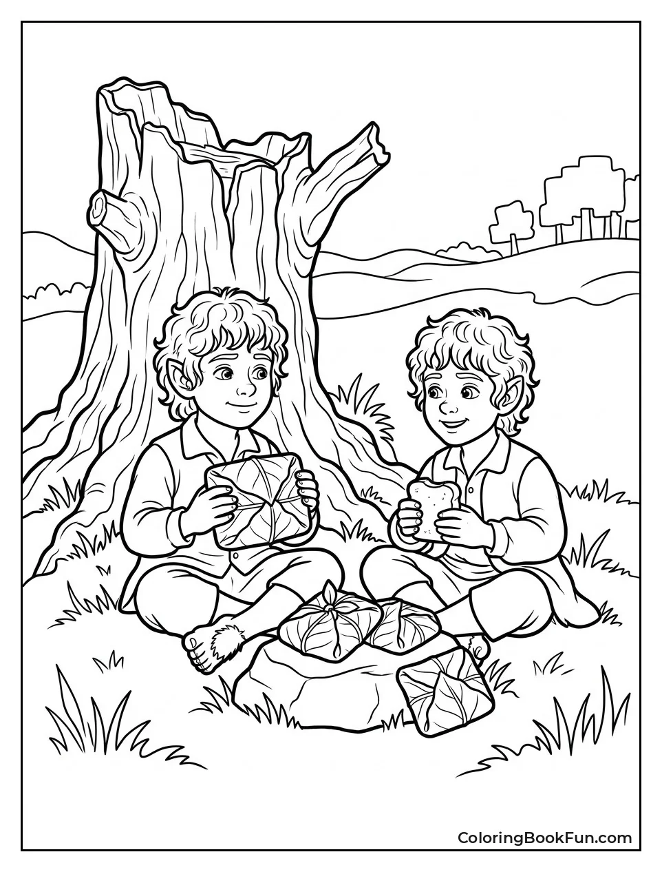 Hobbits Unwrapping Lembas Bread for Picnic
