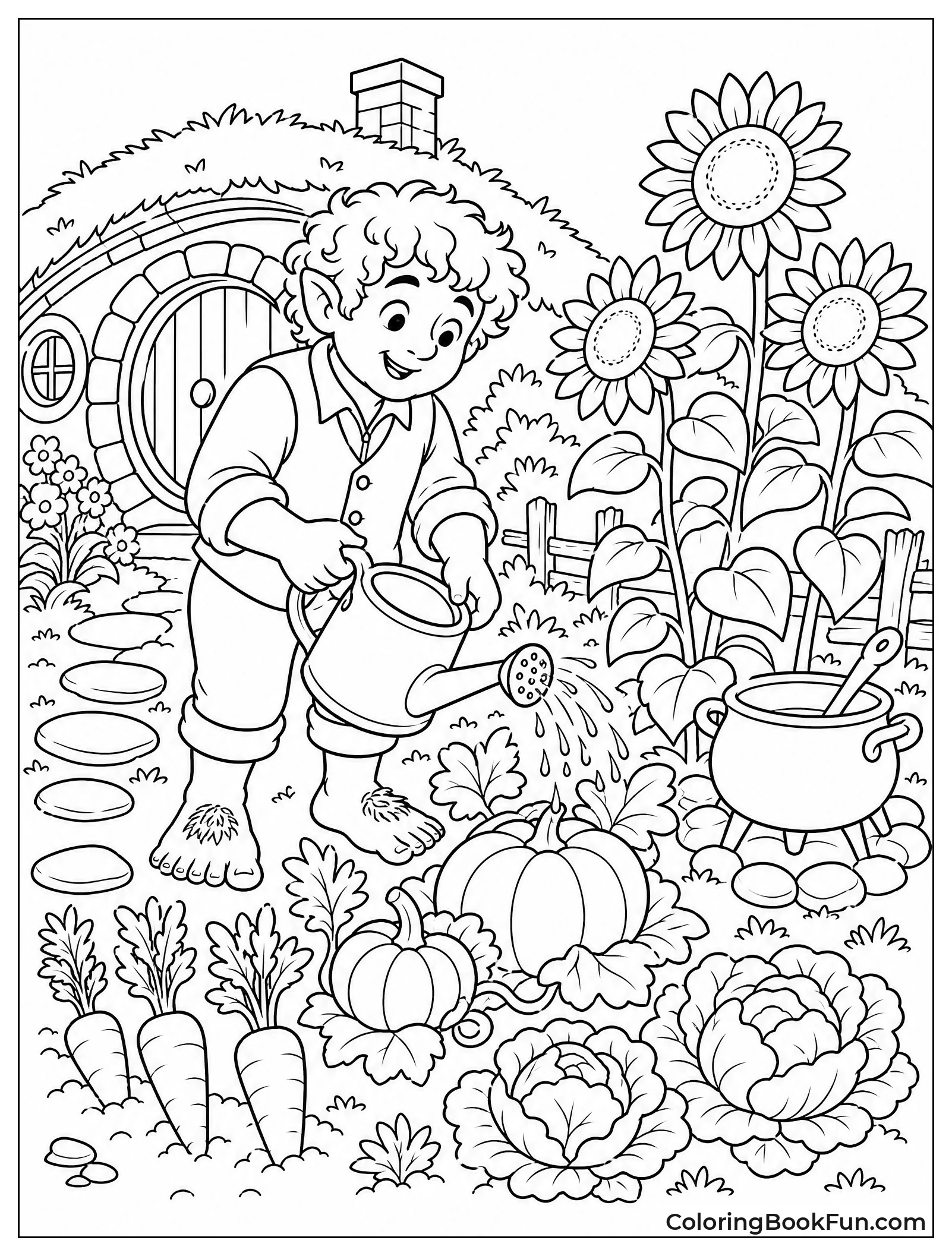Hobbit Tending Garden with Sunflowers