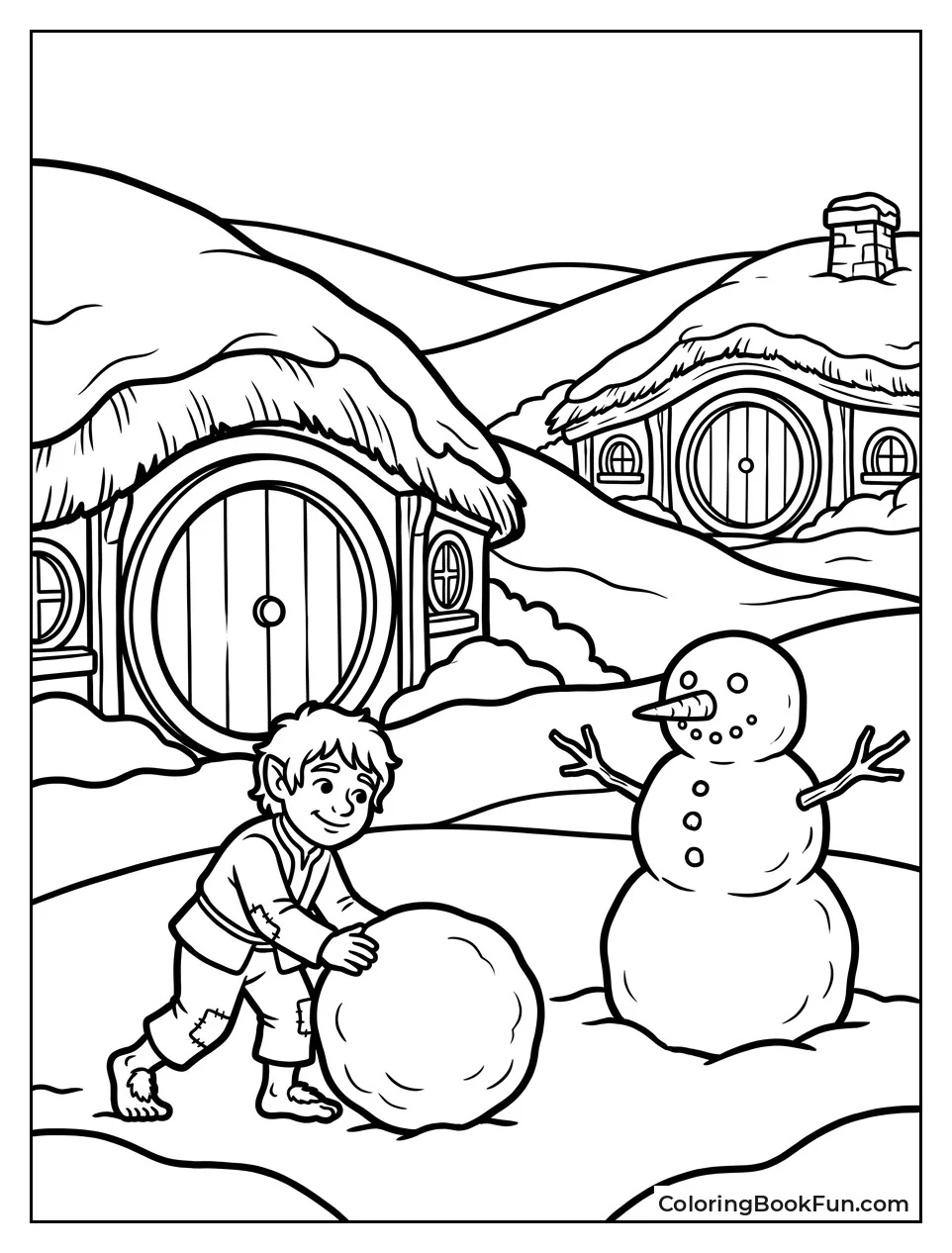 Hobbit Building Snowman in Winter