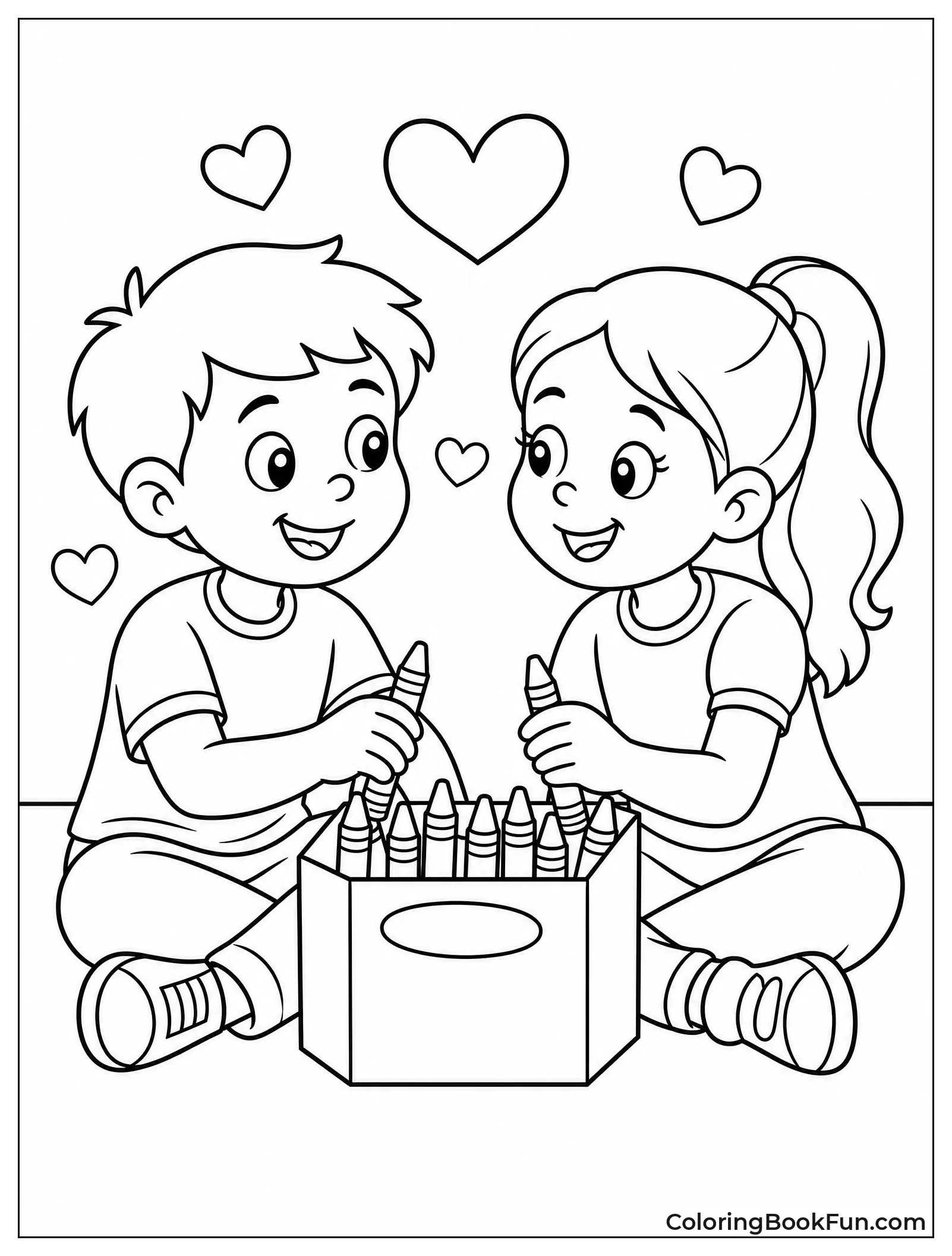 Kids Sharing a Crayon Box