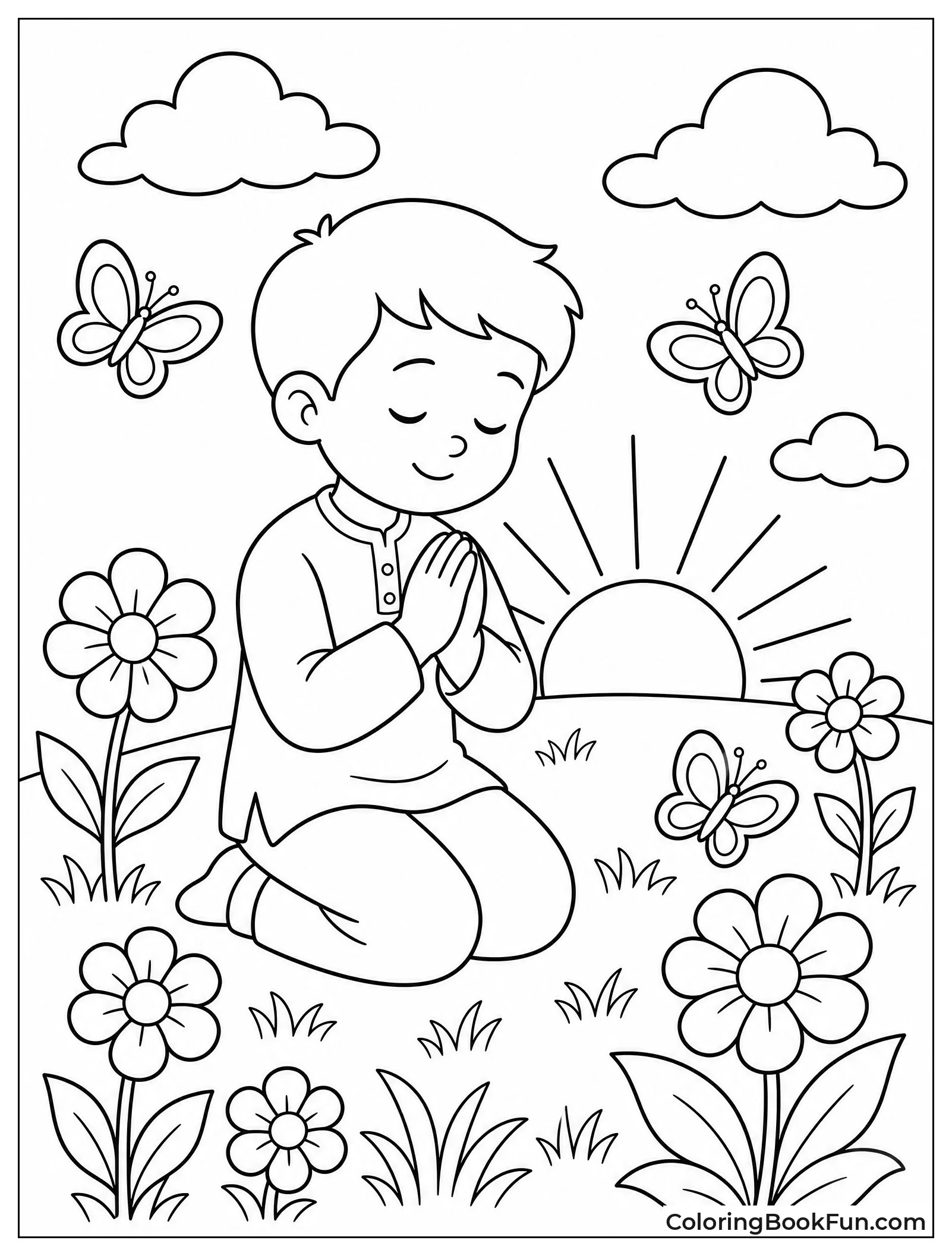 Child Praying in Flower Garden