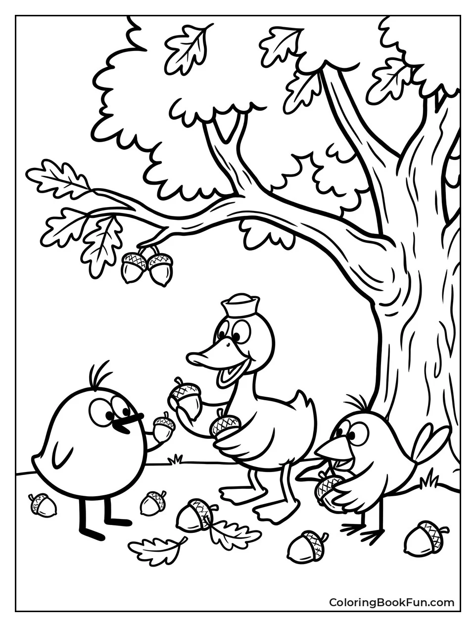 Friends Gathering Acorns Under Oak Tree