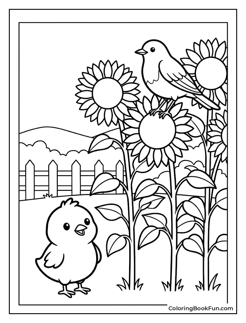 Chirp Perched on Tall Sunflower