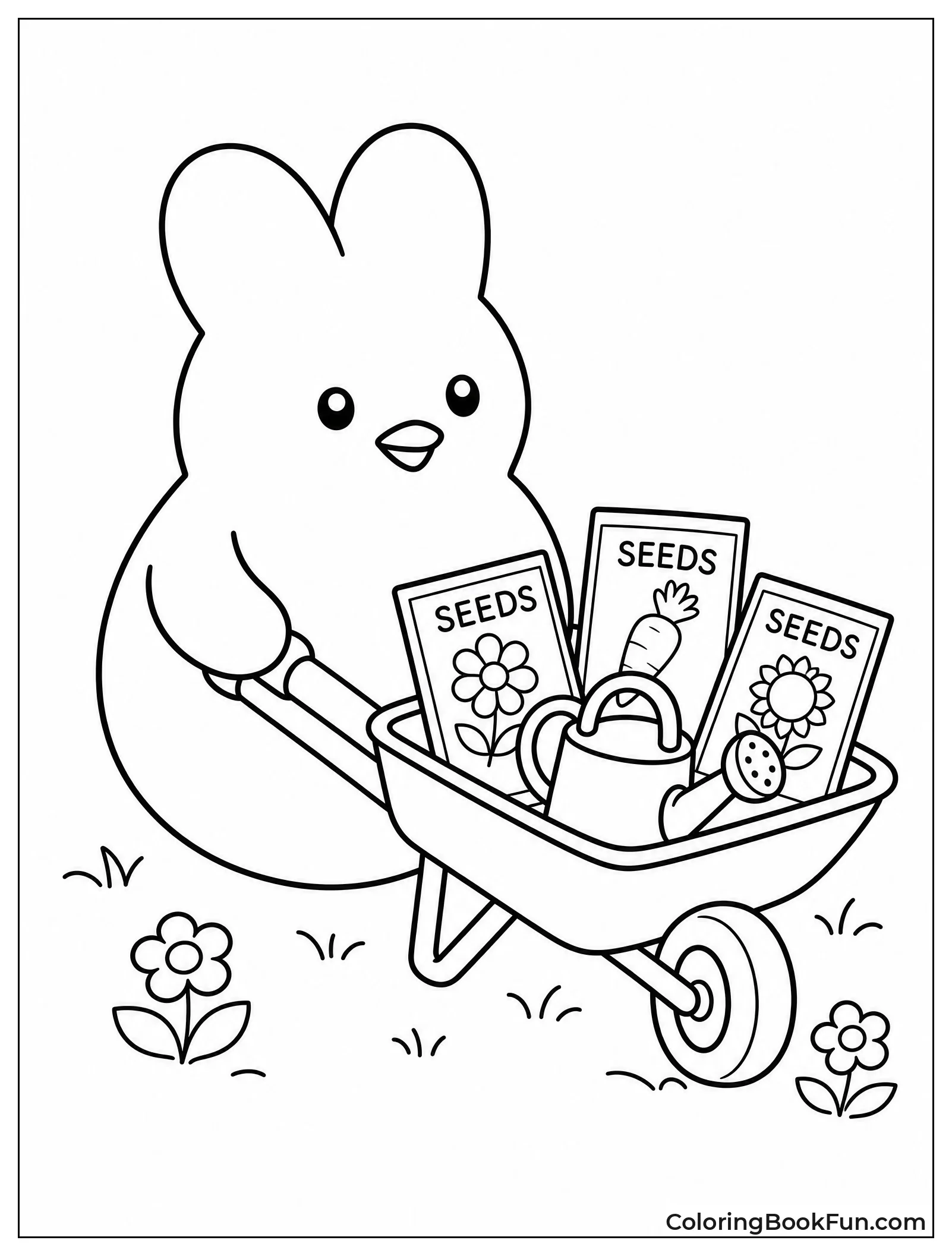 Chick Pushing Tiny Wheelbarrow