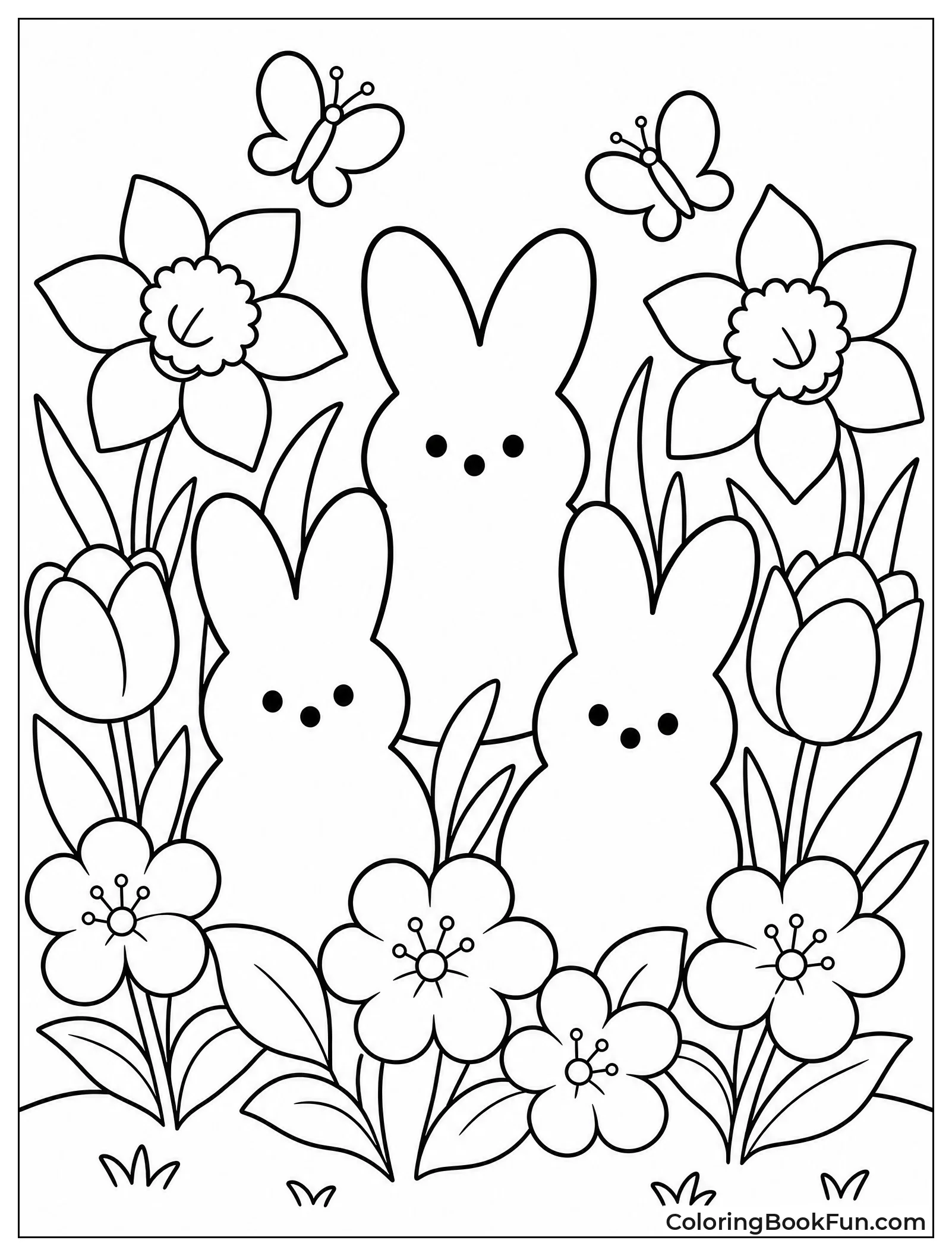 Bunnies Surrounded by Spring Flowers