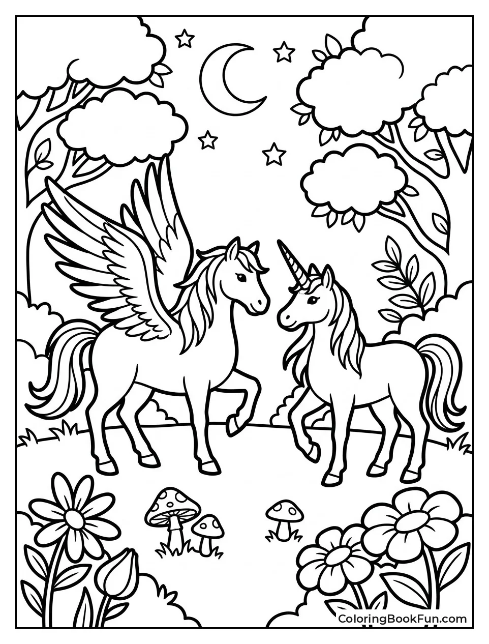 Pegasus Meeting a Unicorn in Meadow