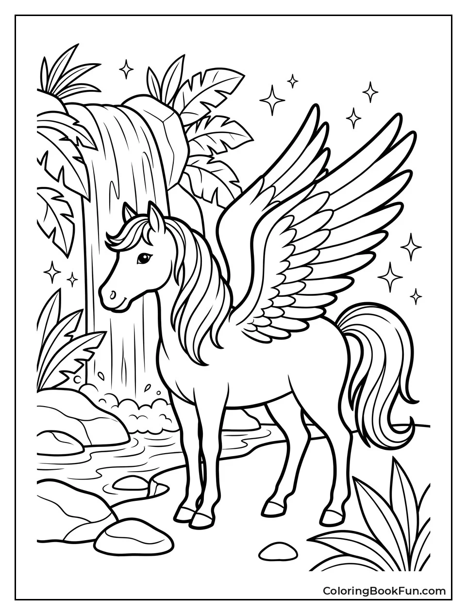 Pegasus Standing Near a Jungle Waterfall