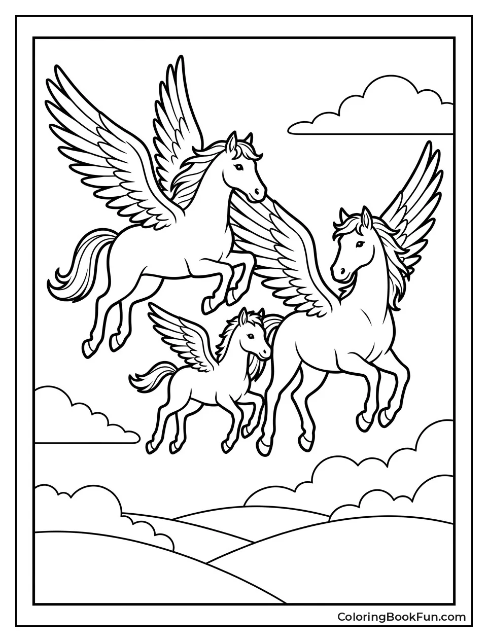 Pegasus Family Flying Over Rolling Hills