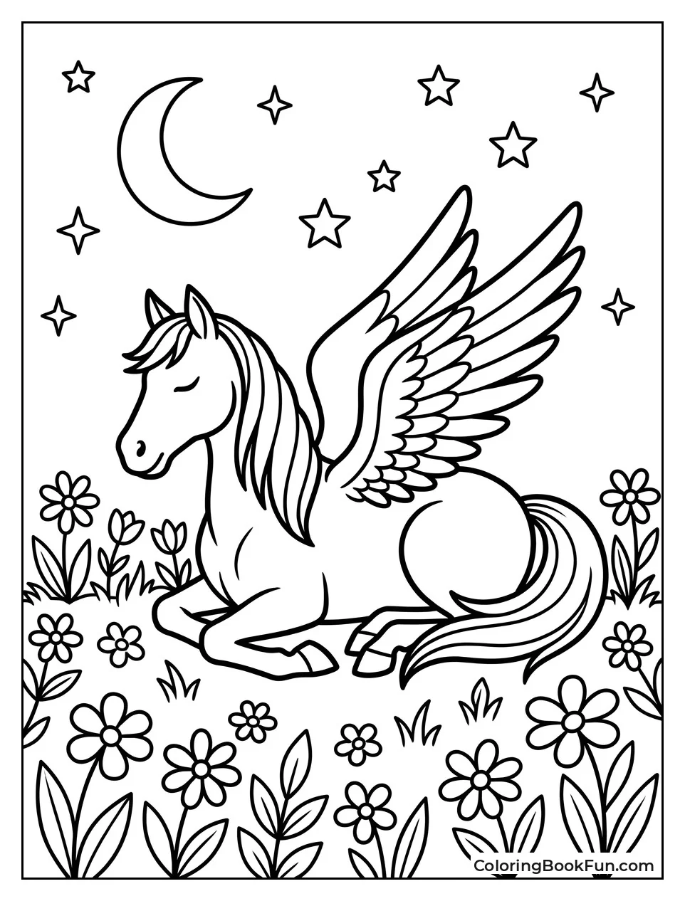 Pegasus Resting in a Starry Meadow