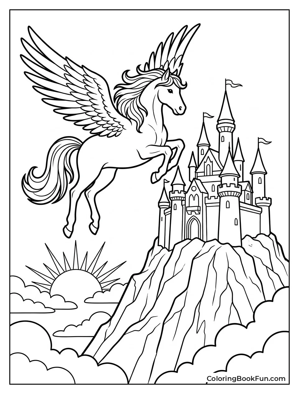 Pegasus Circling a Mountaintop Castle