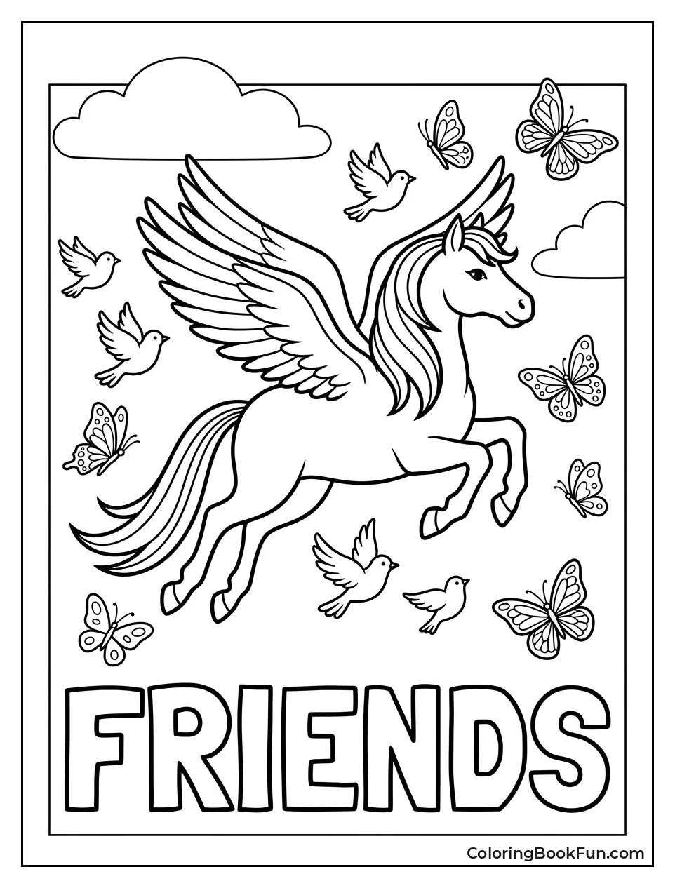 Pegasus Flying Beside Birds and Butterflies