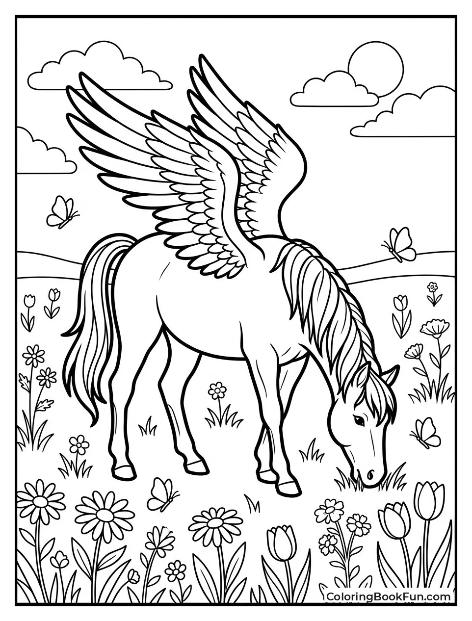 Pegasus Grazing in a Flower Meadow