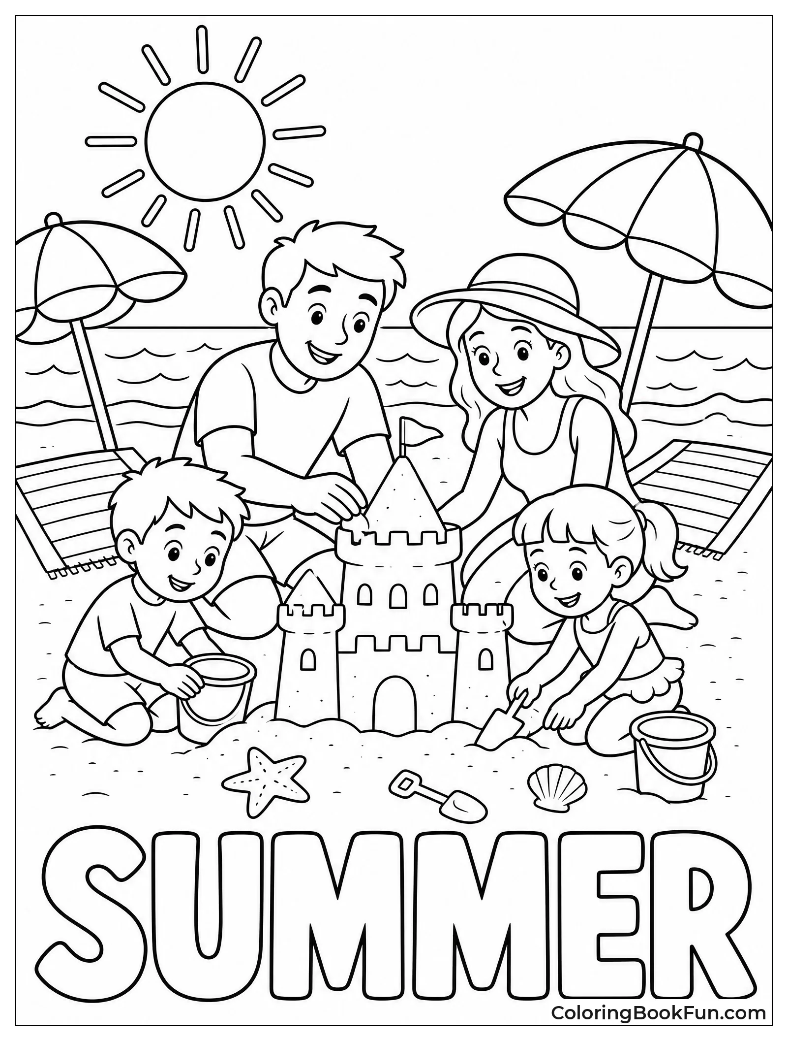 Family Building Sandcastle at Beach