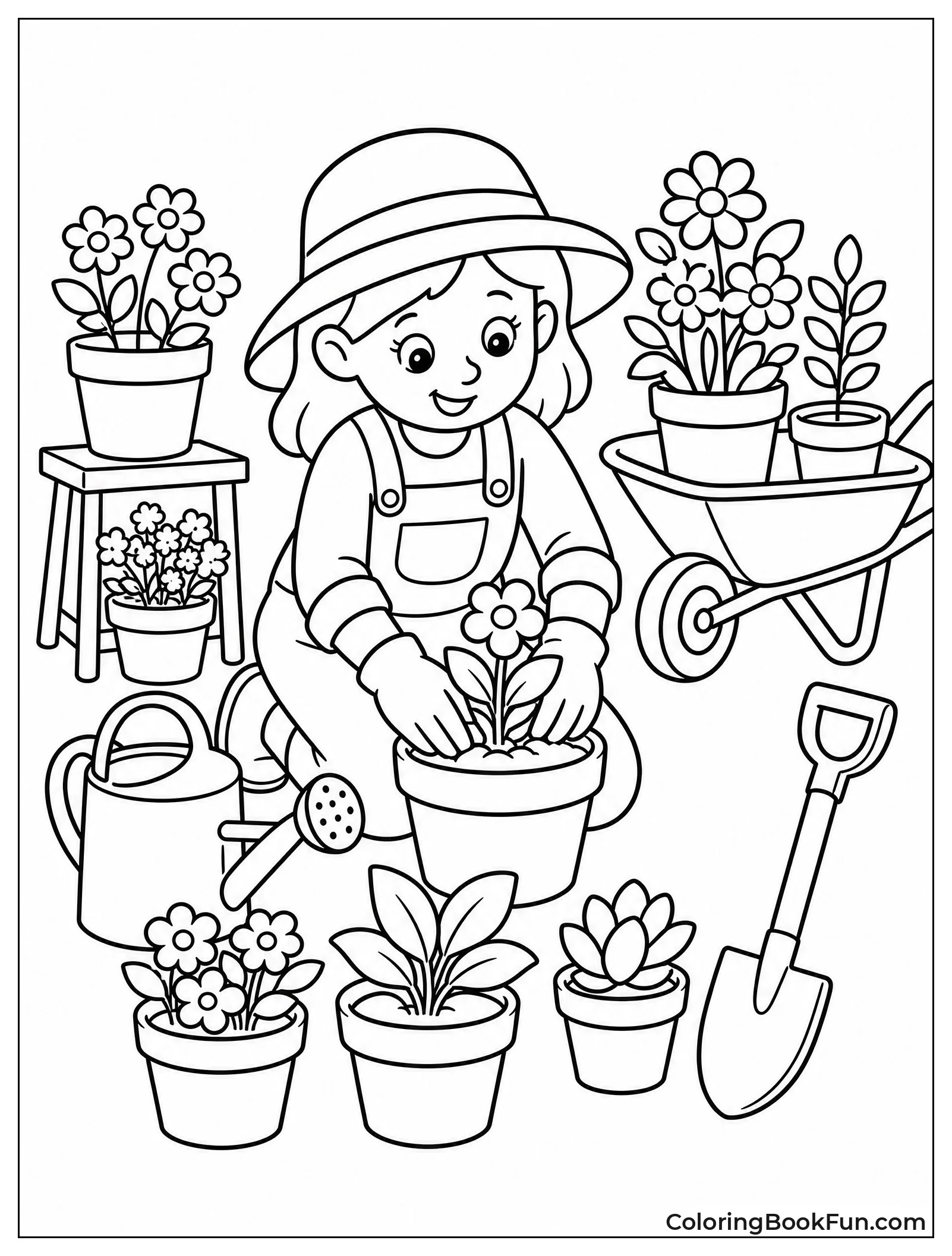 Gardener Surrounded by Tools and Plants