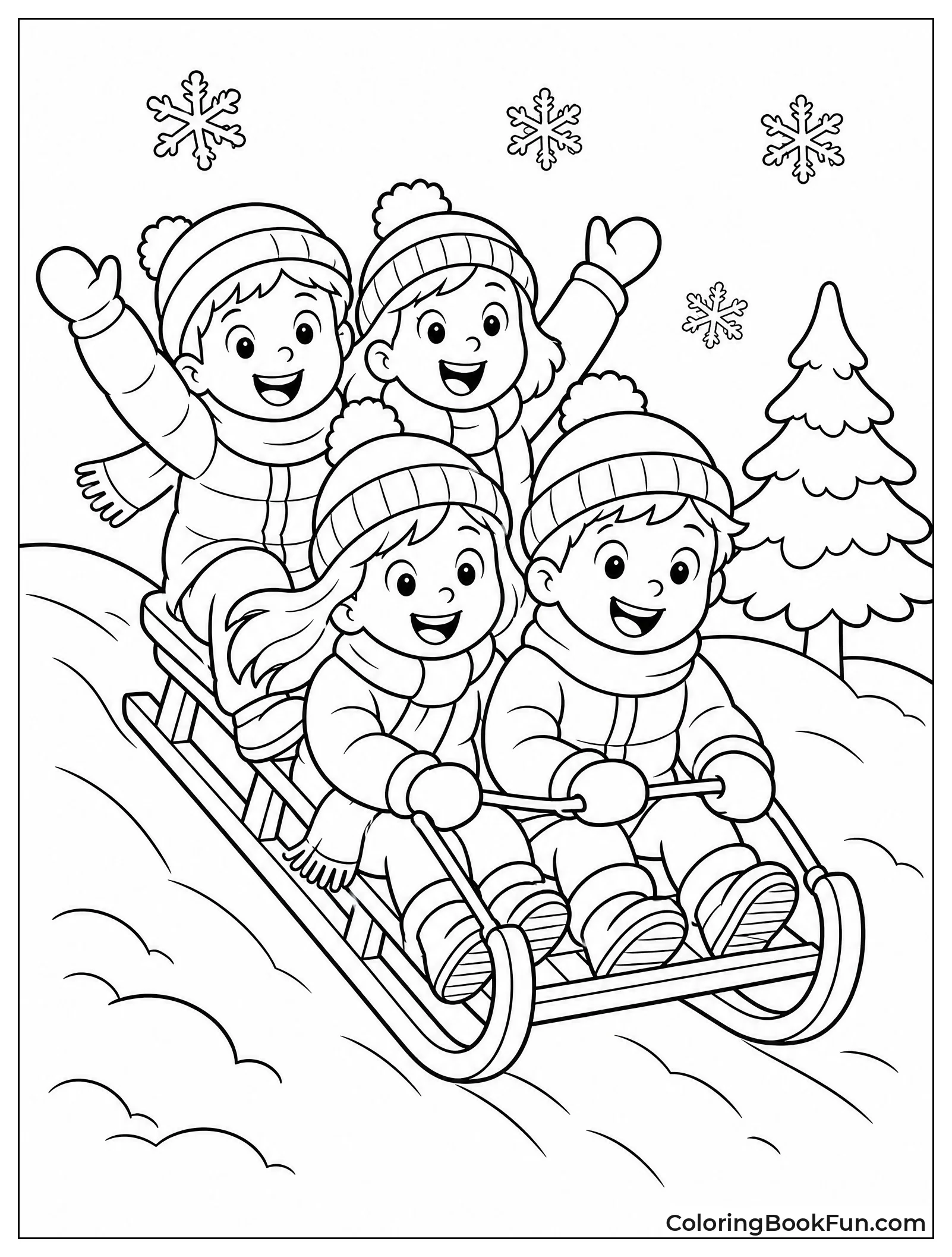 Friends Sledding down Snowy Hill