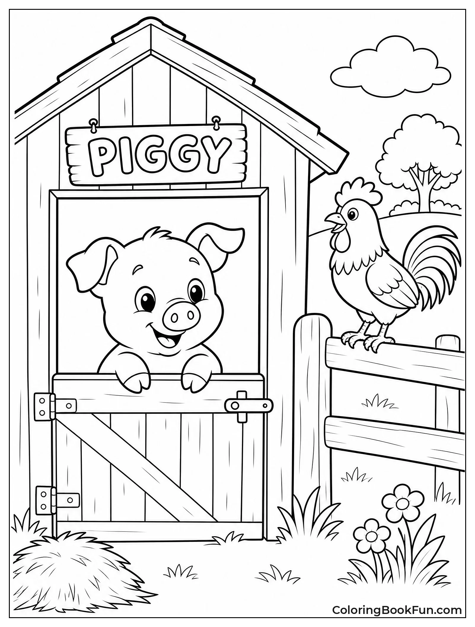 Pig in Barn with Rooster