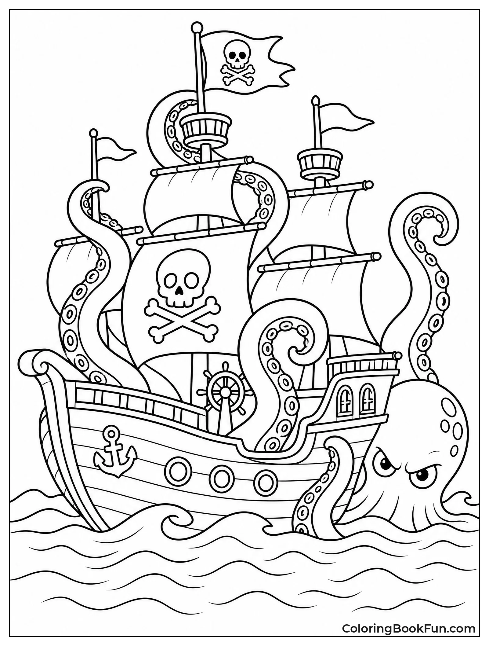 Kraken Attacking Pirate Ship with Tentacles