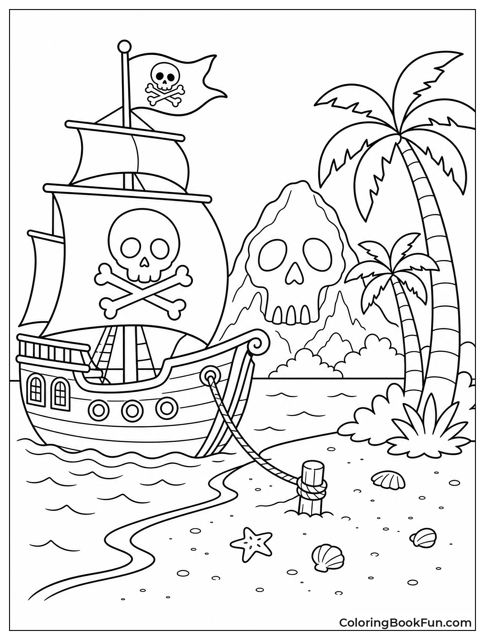 Ship Near Island with Skull Mountain