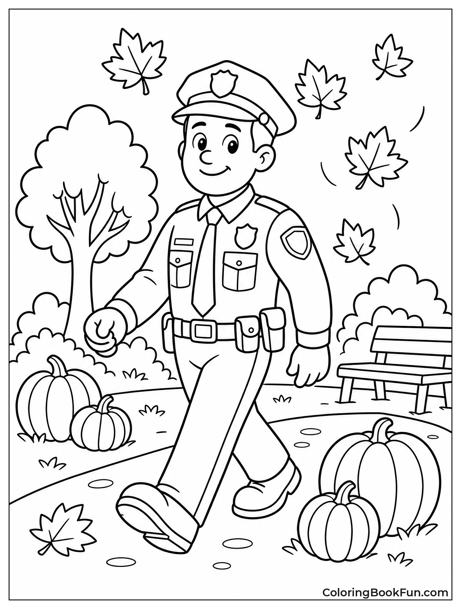 Officer Walks Among Falling Leaves