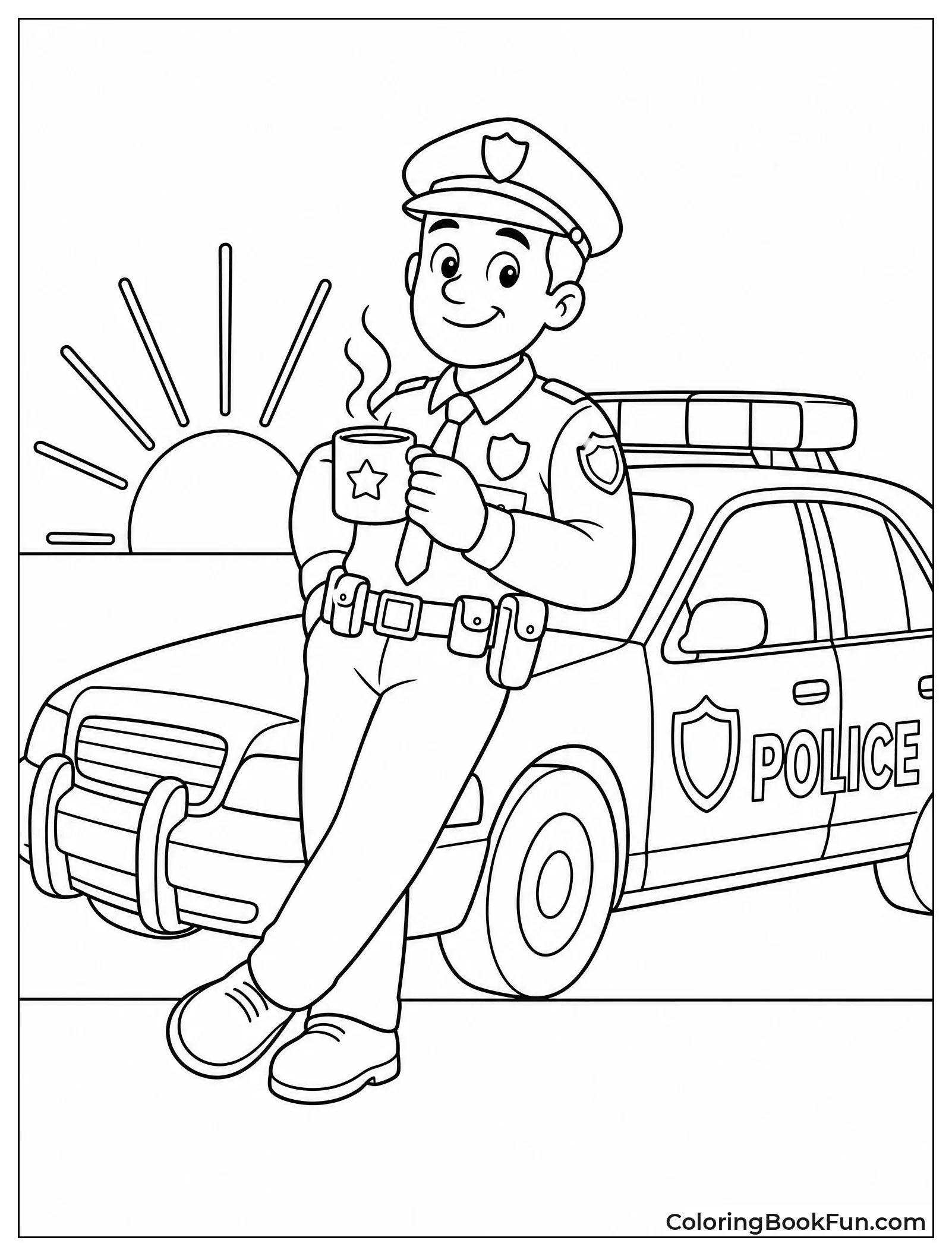 Officer Sips Cocoa by Car