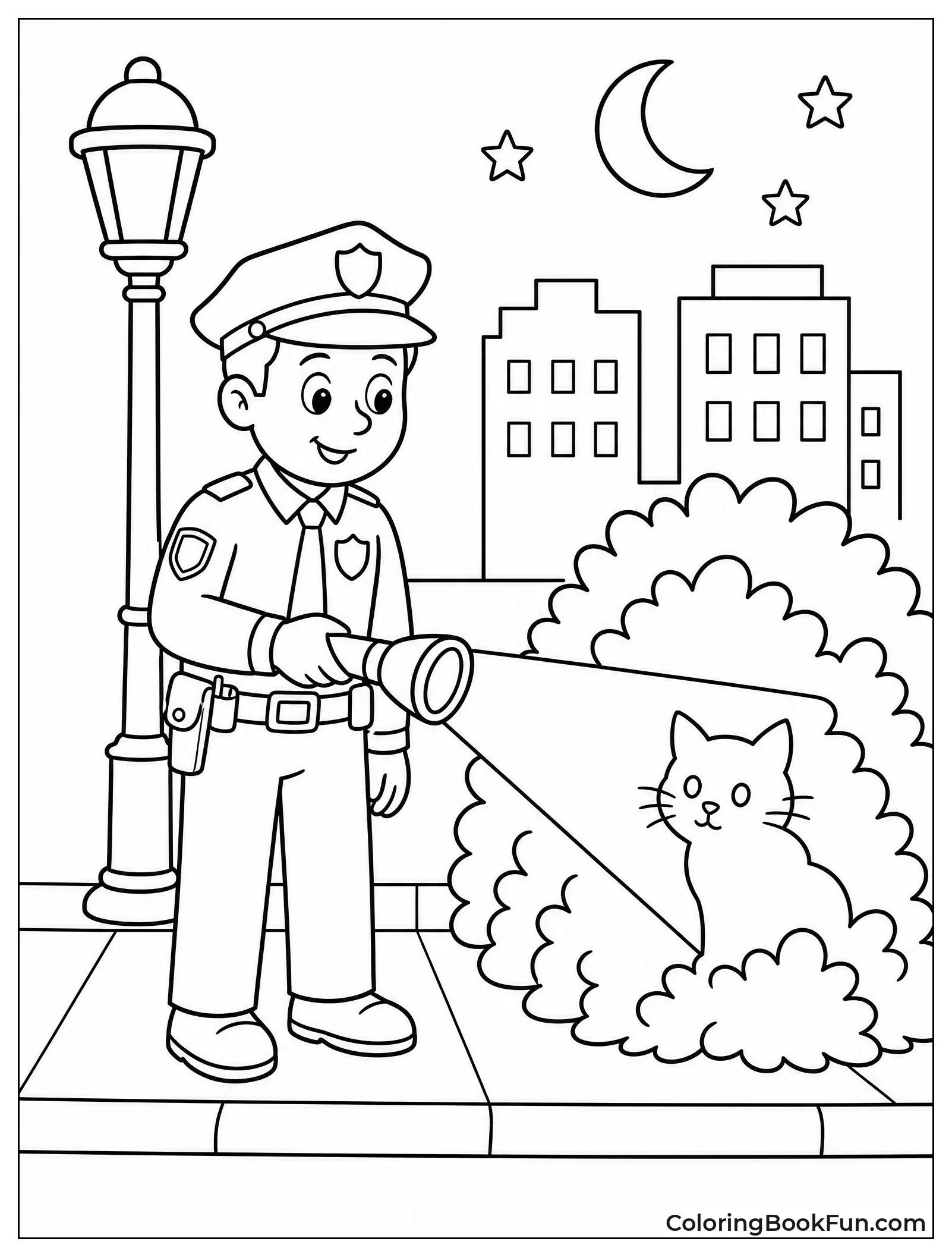 Officer Shines Flashlight at Night