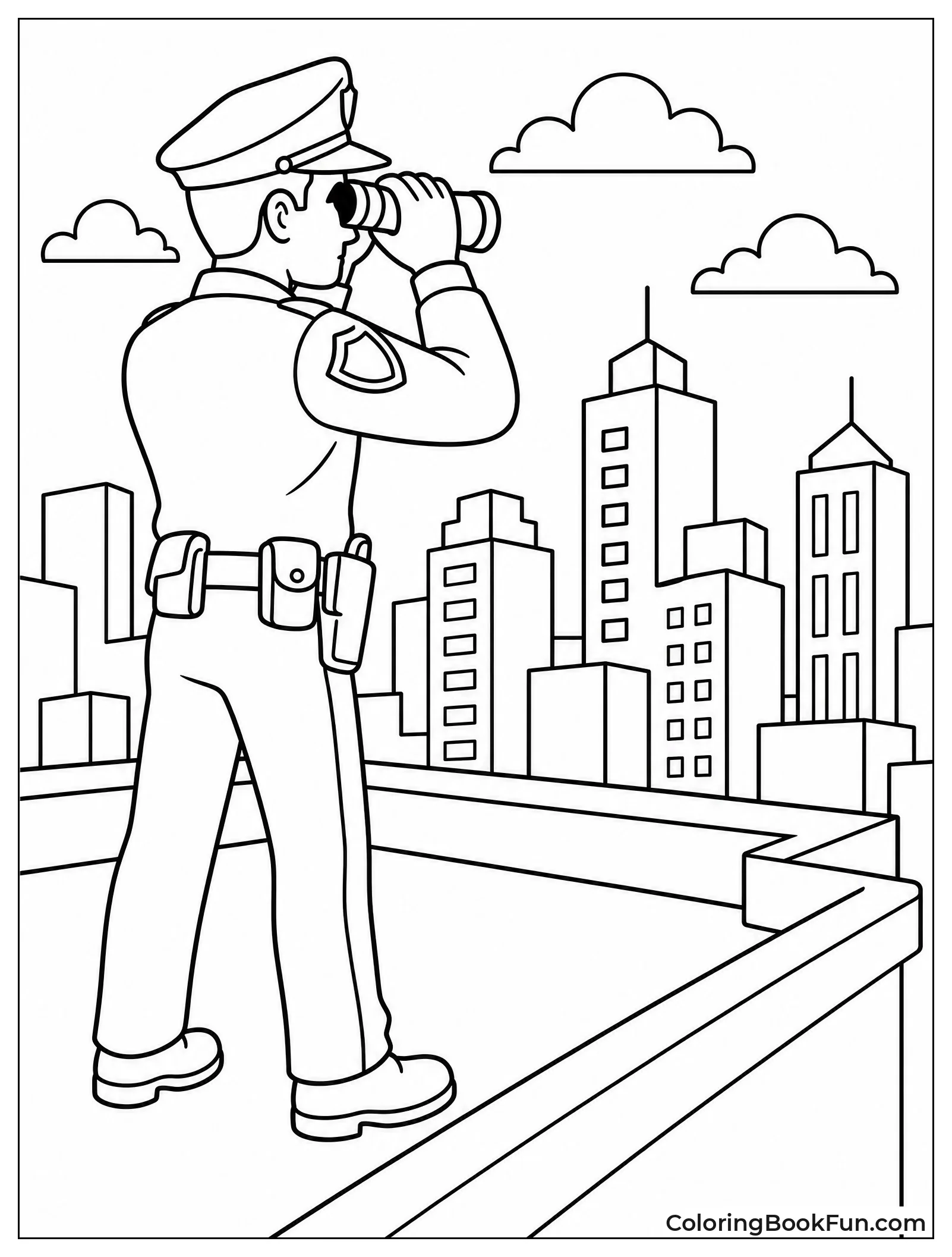 Officer Scans City with Binoculars