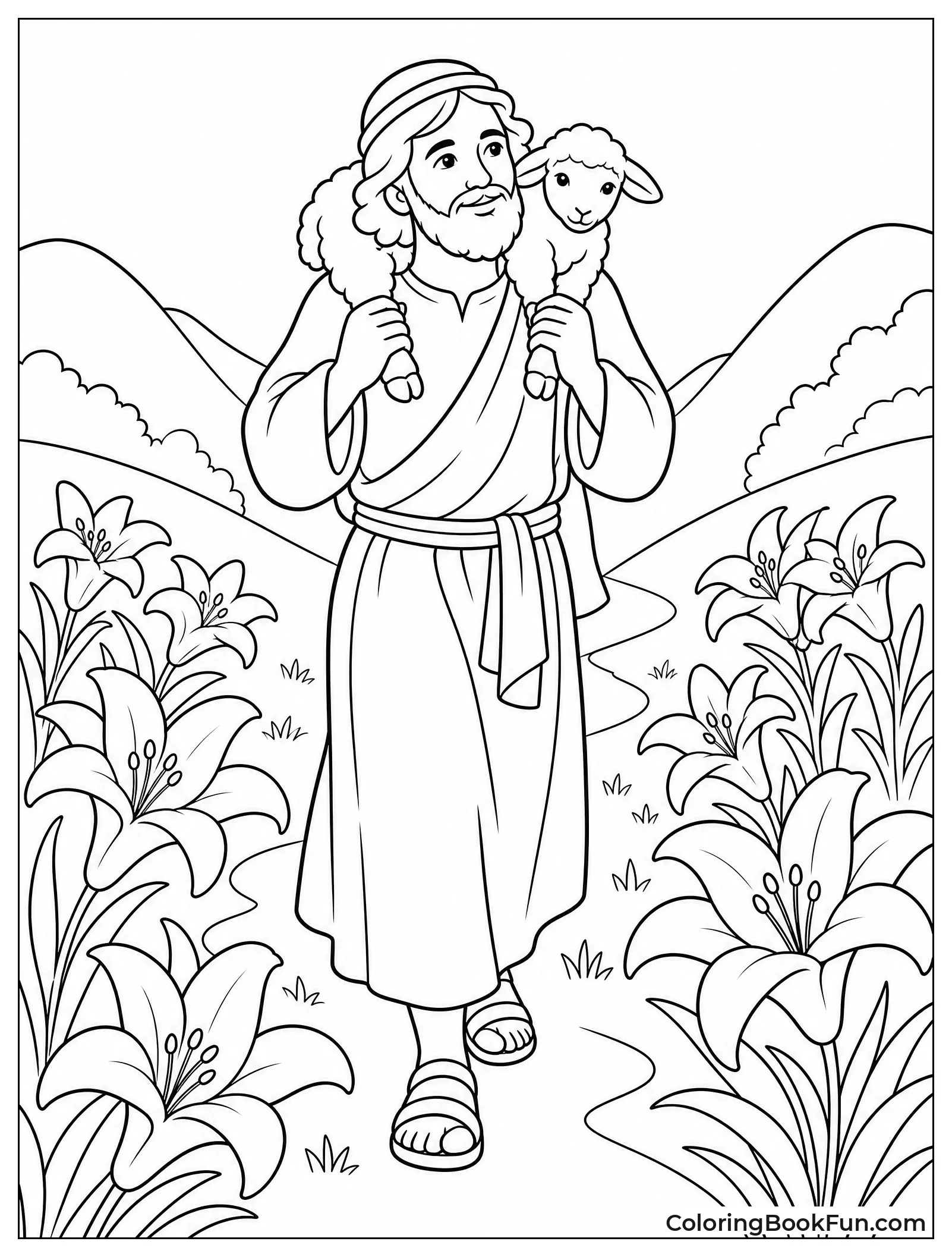 Shepherd Carrying Lamb Through Lilies