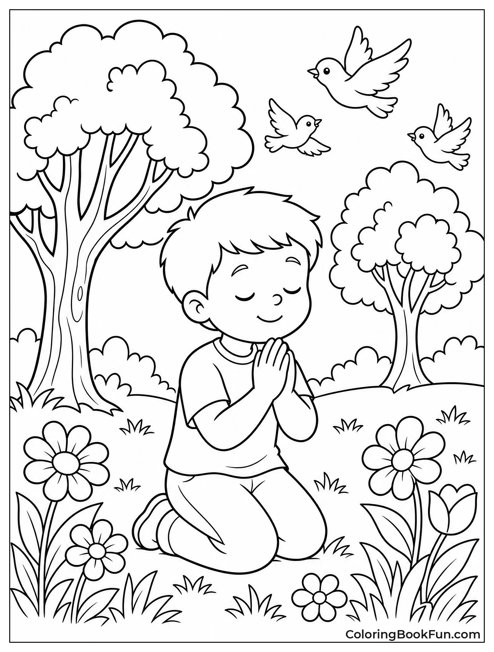 Child Praying Among Trees and Birds