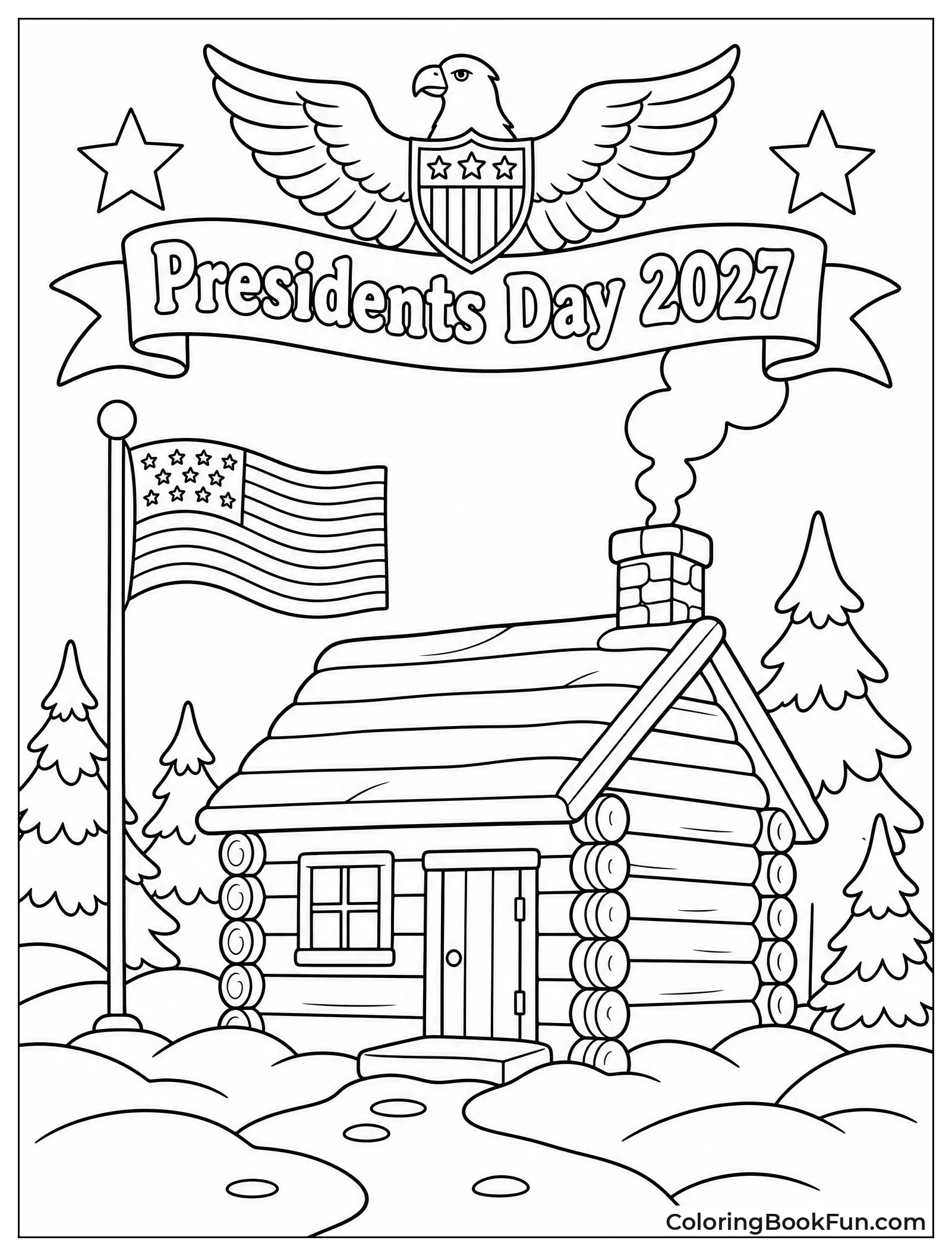 Log Cabin with Smoke in Winter